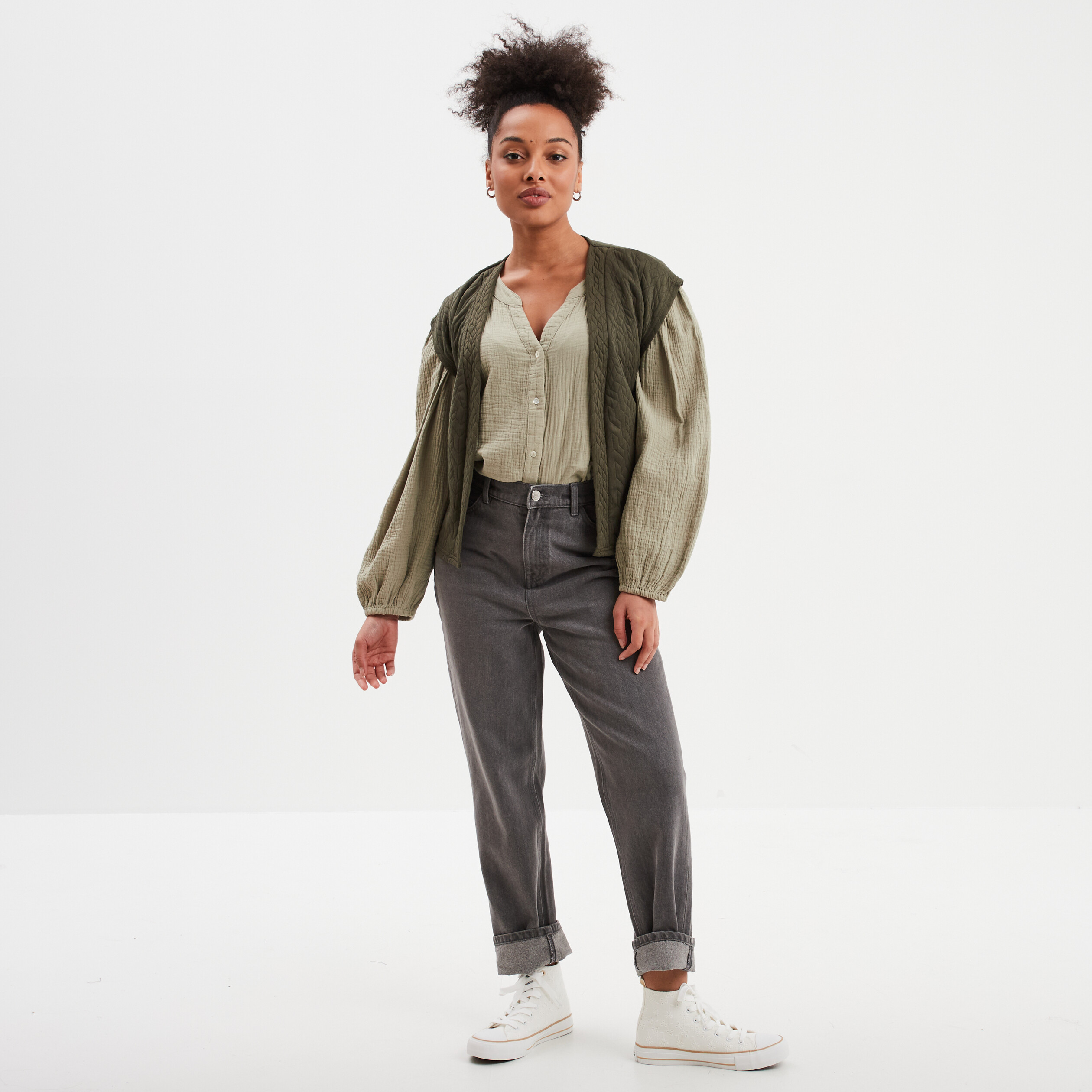 blouse col tunisien gaze de coton creeks vert kaki femme Blouse col tunisien gaze de coton Creeks vert kaki femme