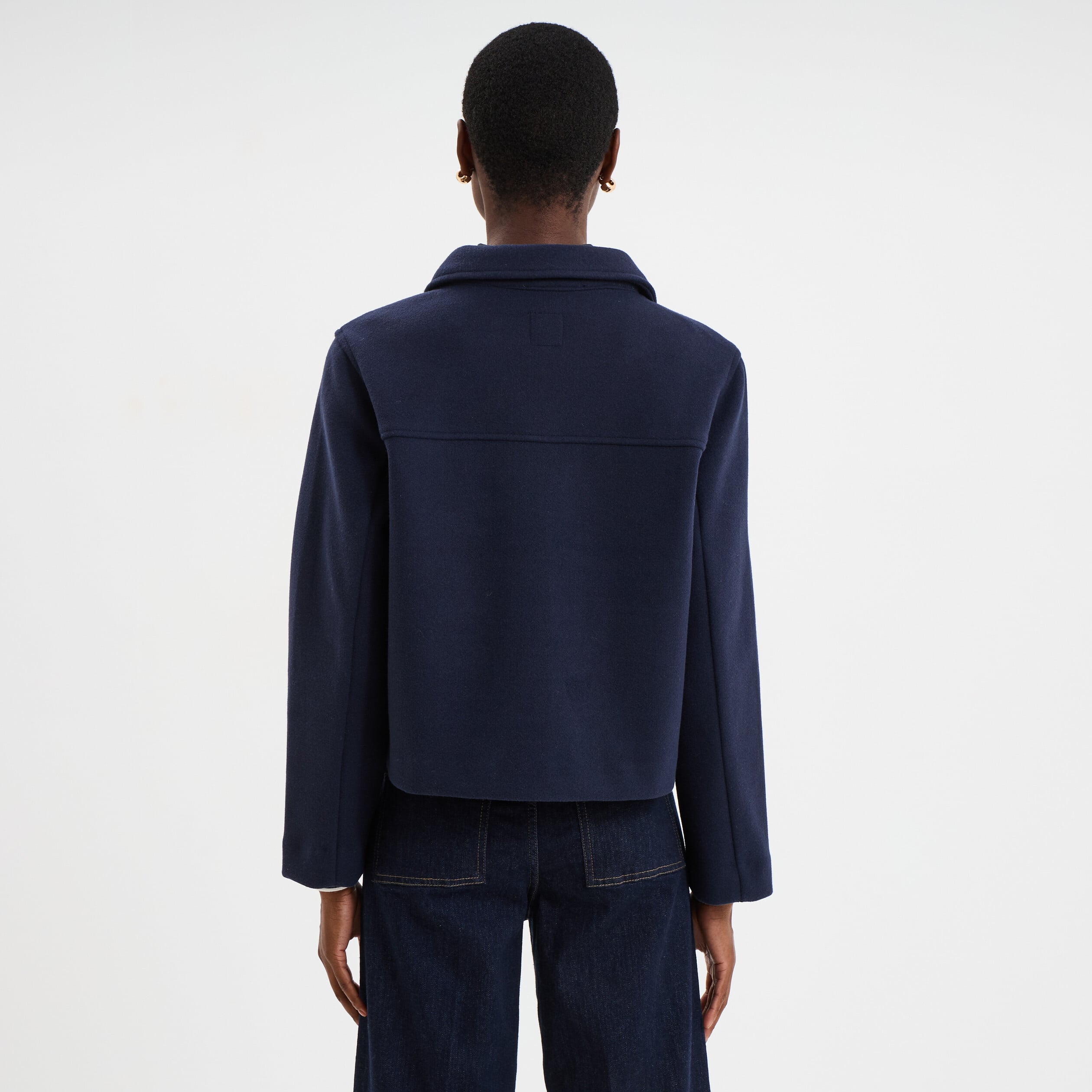 Blouson boutonn&eacute; 2 poches bleu fonc&eacute; femme