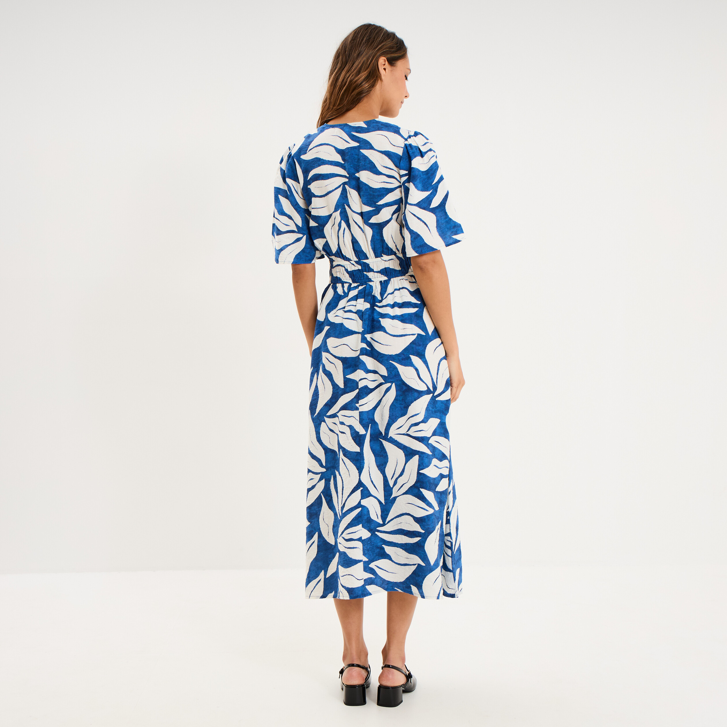 Robe longue col V taille &eacute;lastiqu&eacute;e bleu marine femme