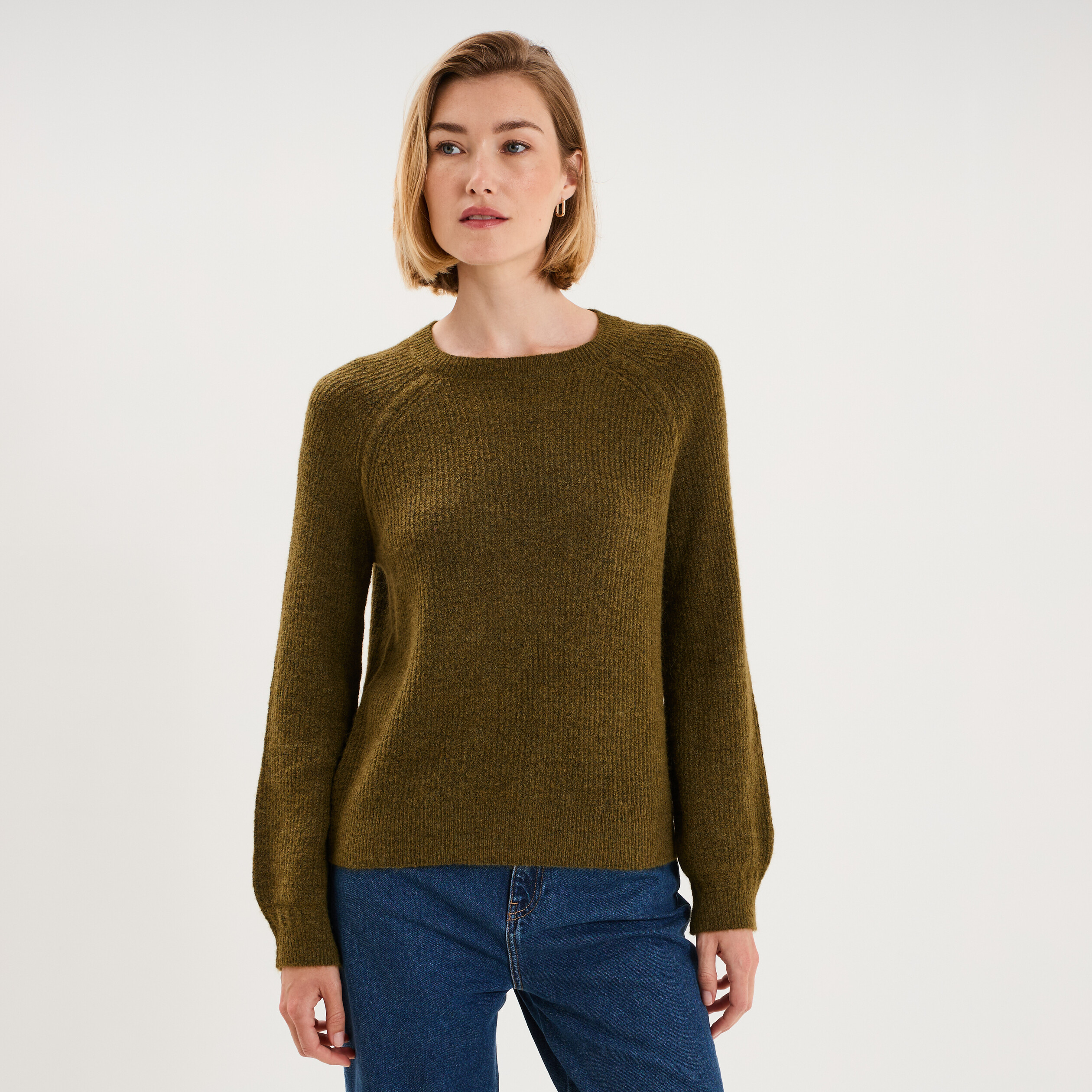 Pull col rond manches longues vert olive femme