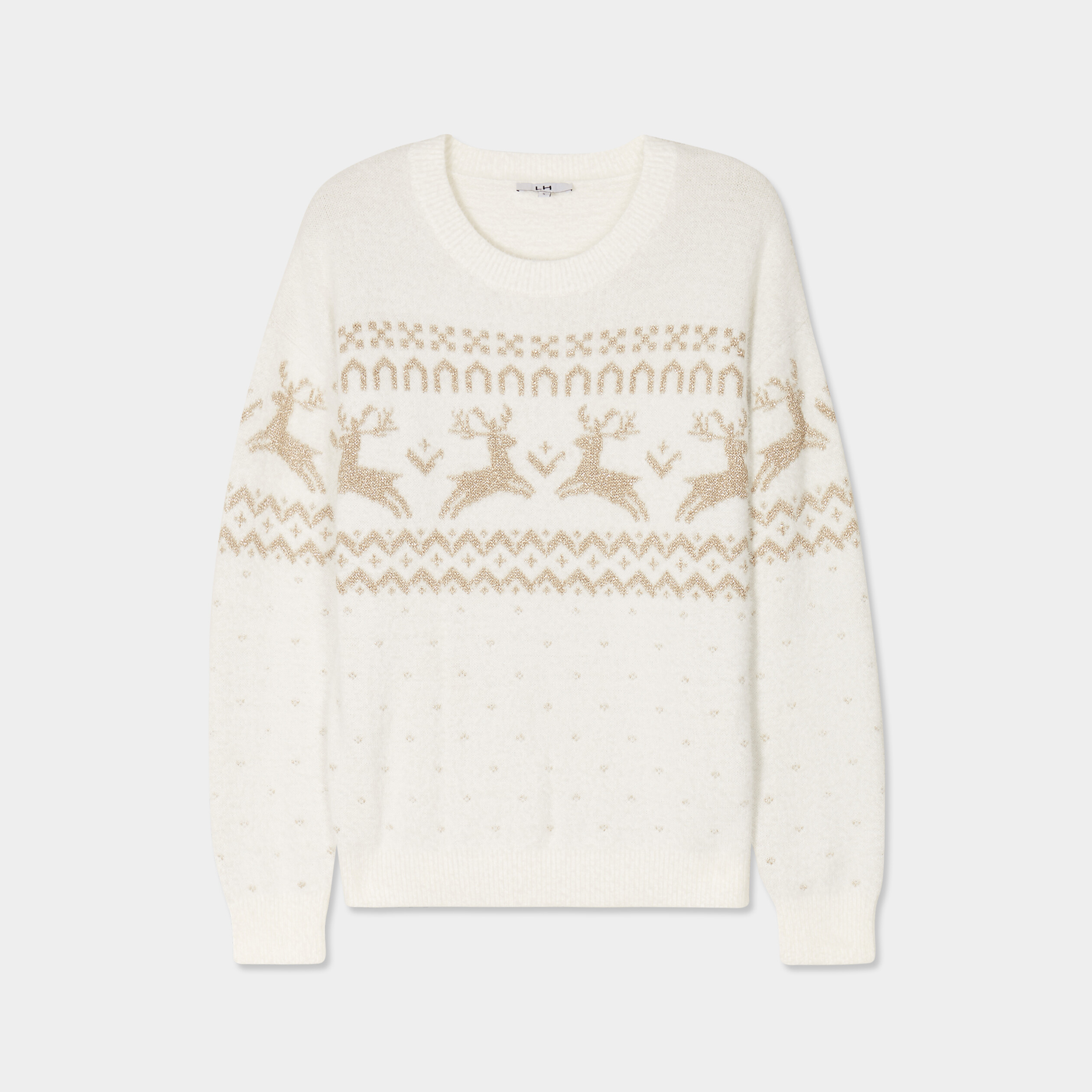 Pull No&euml;l col rond manches longues blanc femme