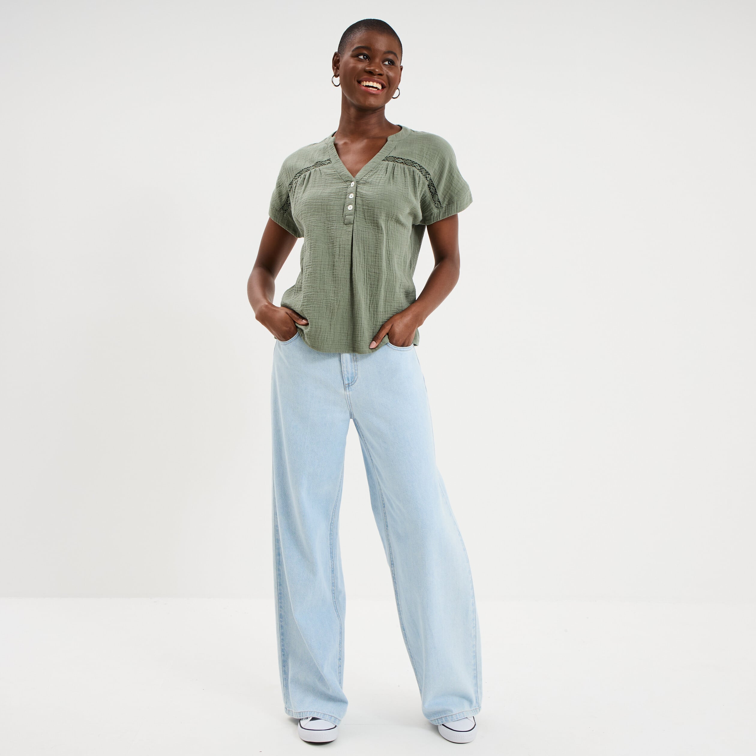 Blouse Col tunisien gaze de coton vert kaki femme