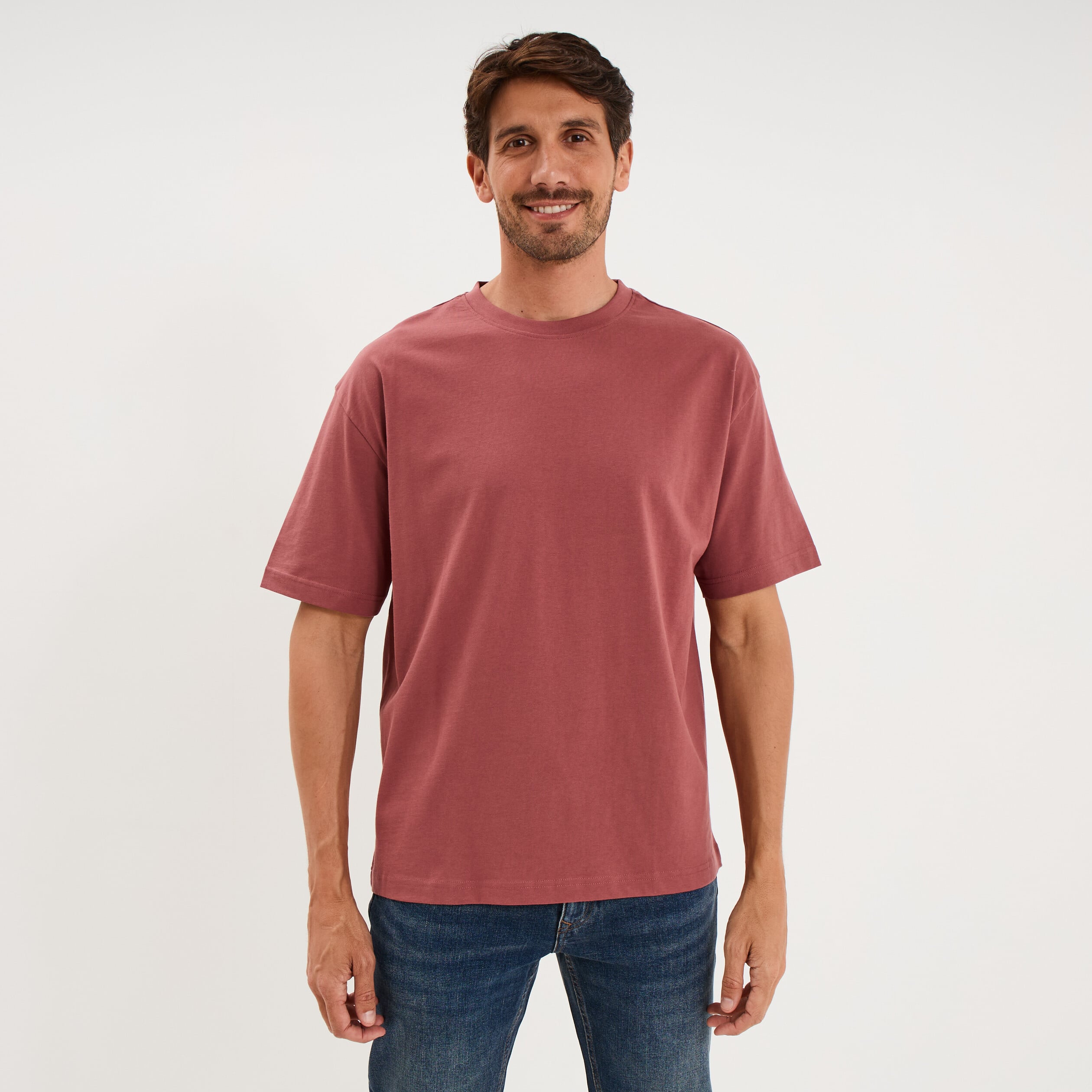 T-shirt col rond coupe relax coton &eacute;pais vieux rose homme
