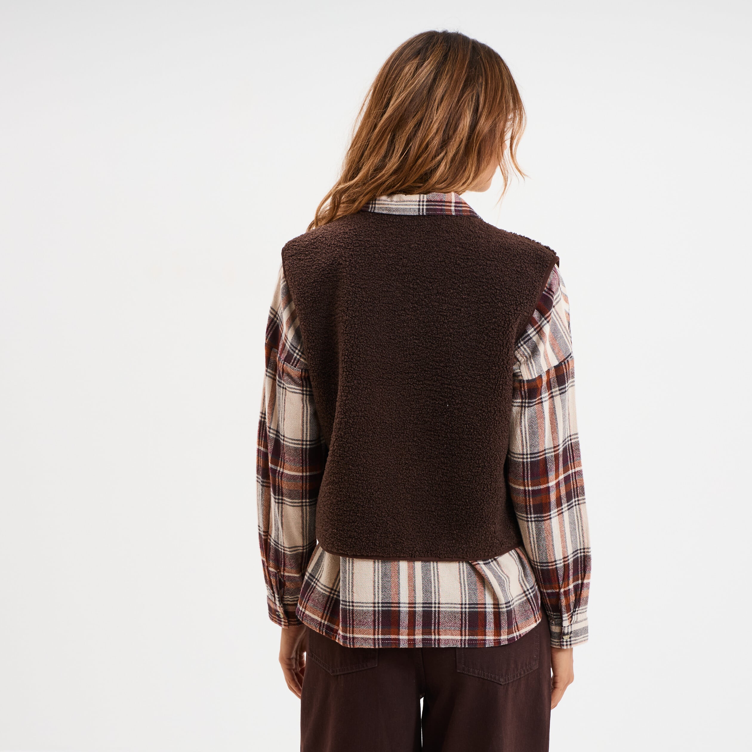 Gilet r&eacute;versible polaire sans manches marron fonc&eacute; femme