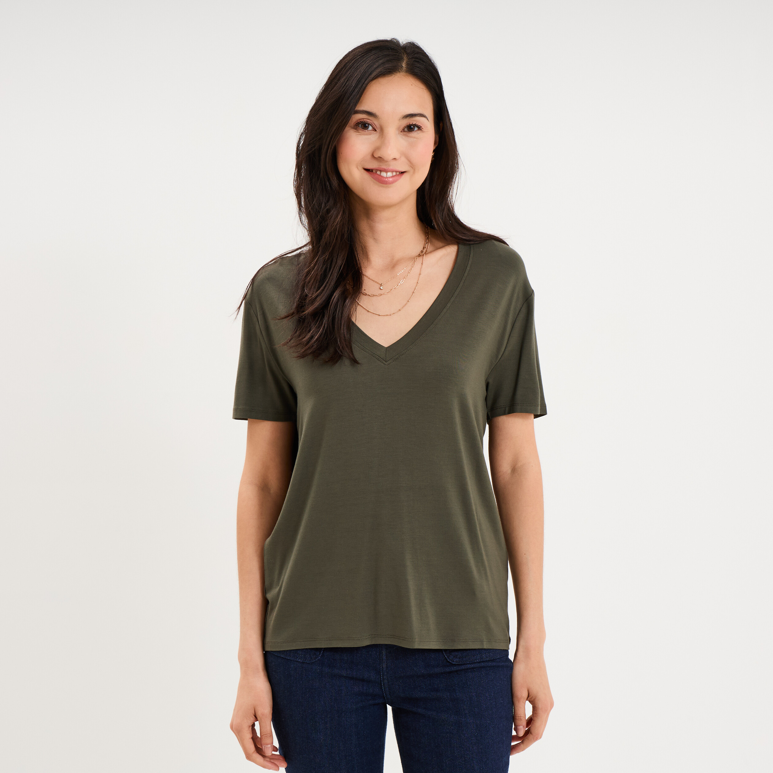 T-shirt fluide col en V manches courtes vert kaki femme