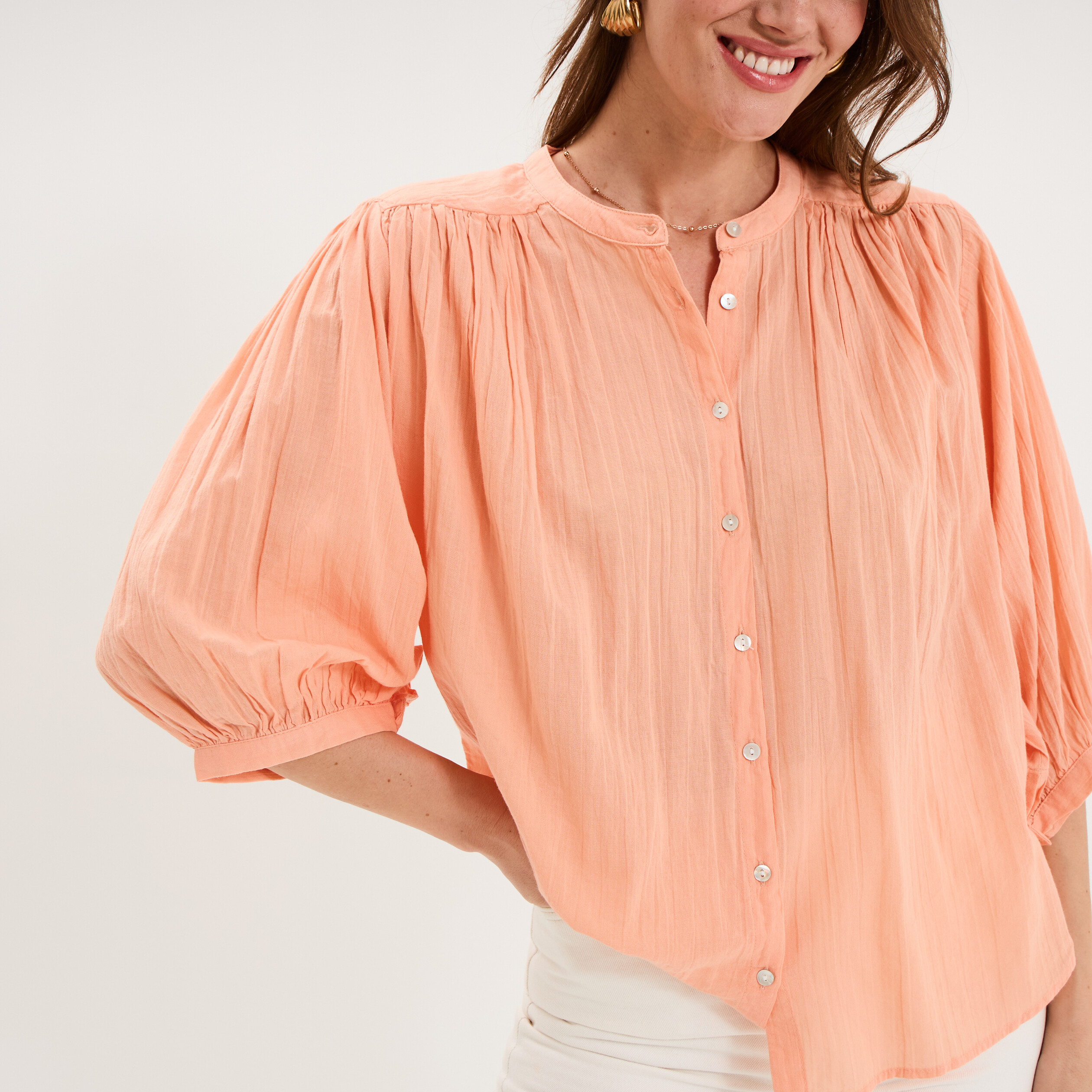 Blouse fluide oversize manches 3/4 coton rose saumon femme