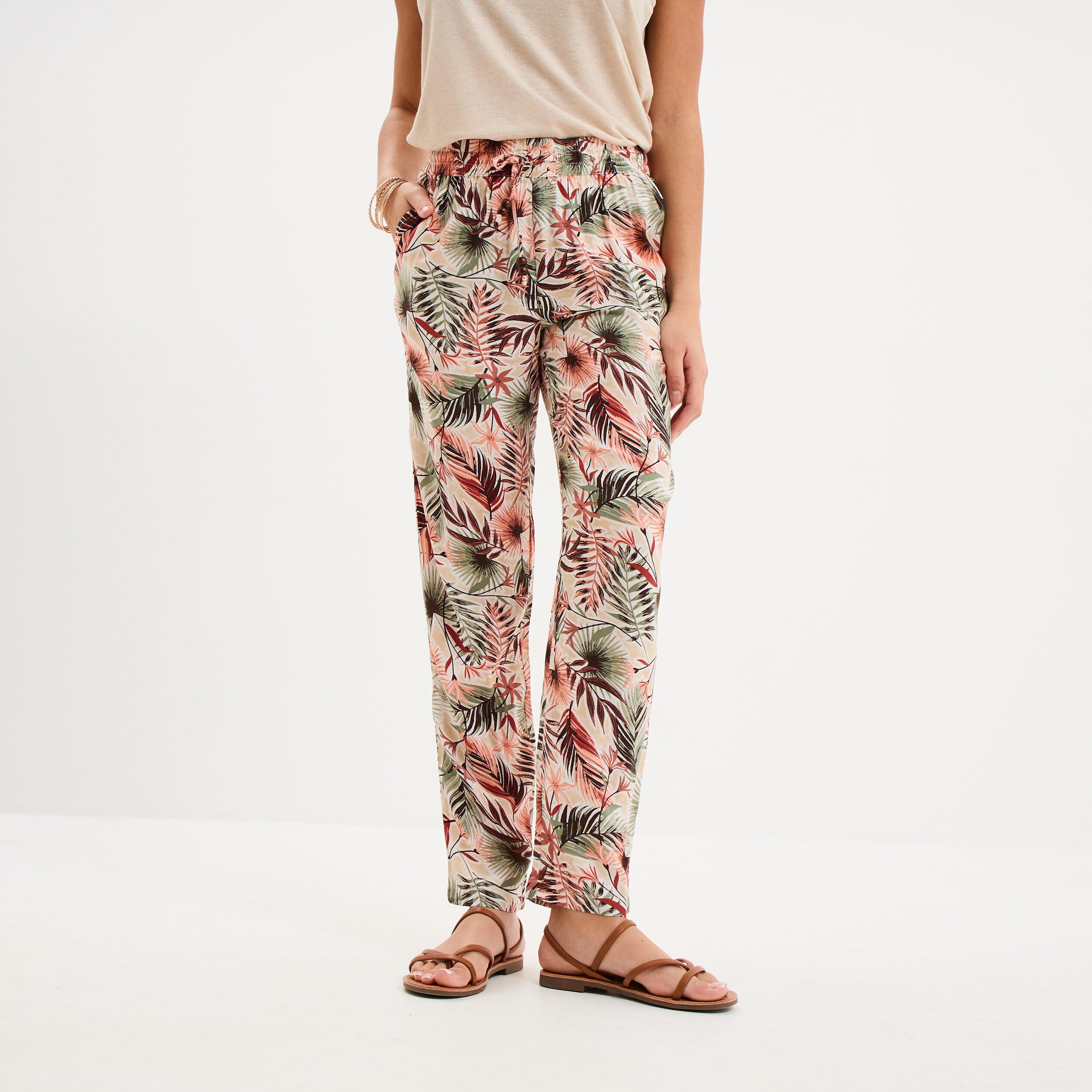 Pantalon cigarette fluide &agrave; ceinture vert kaki femme
