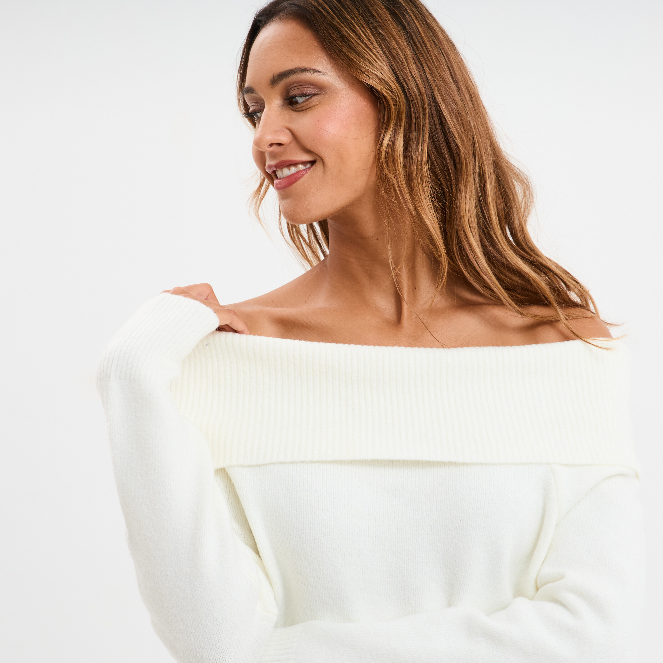 pull col bardot cintree manches longues blanc femme Pull col bardot cintrée manches longues blanc femme