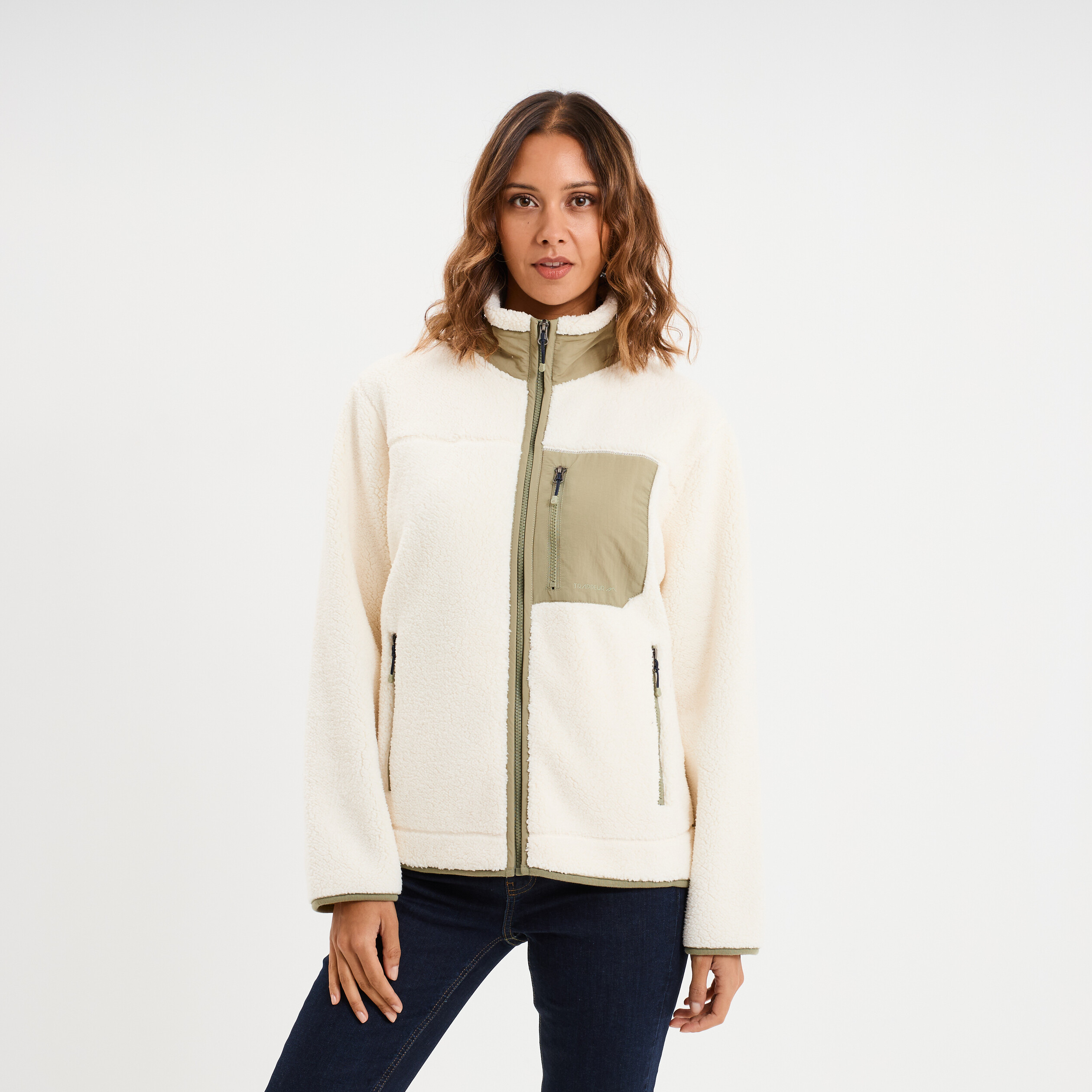 Veste zipp&eacute;e effet sherpa 3 poches blanc femme