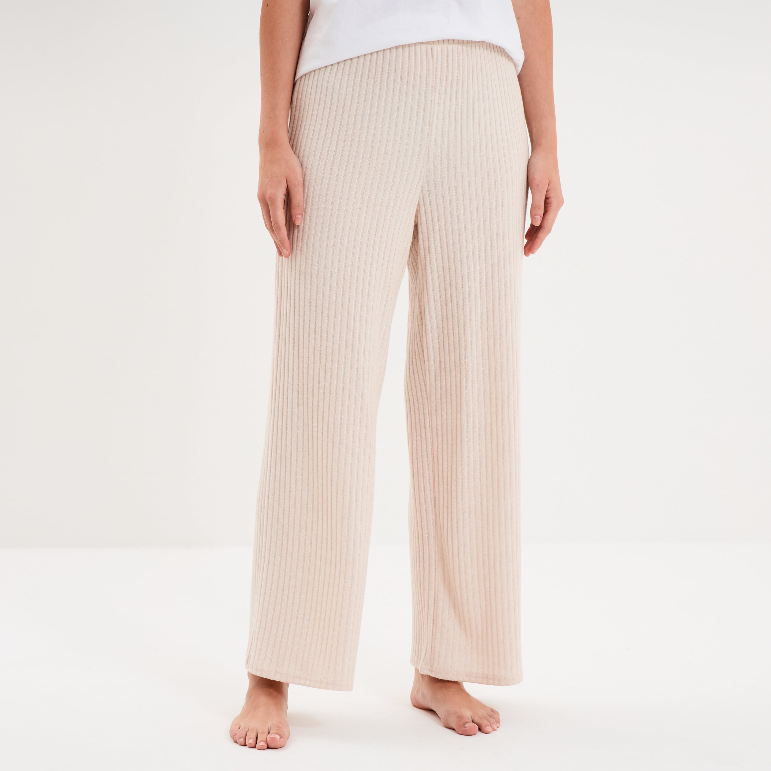 Pantalon de pyjama droit c&ocirc;tel&eacute; beige femme