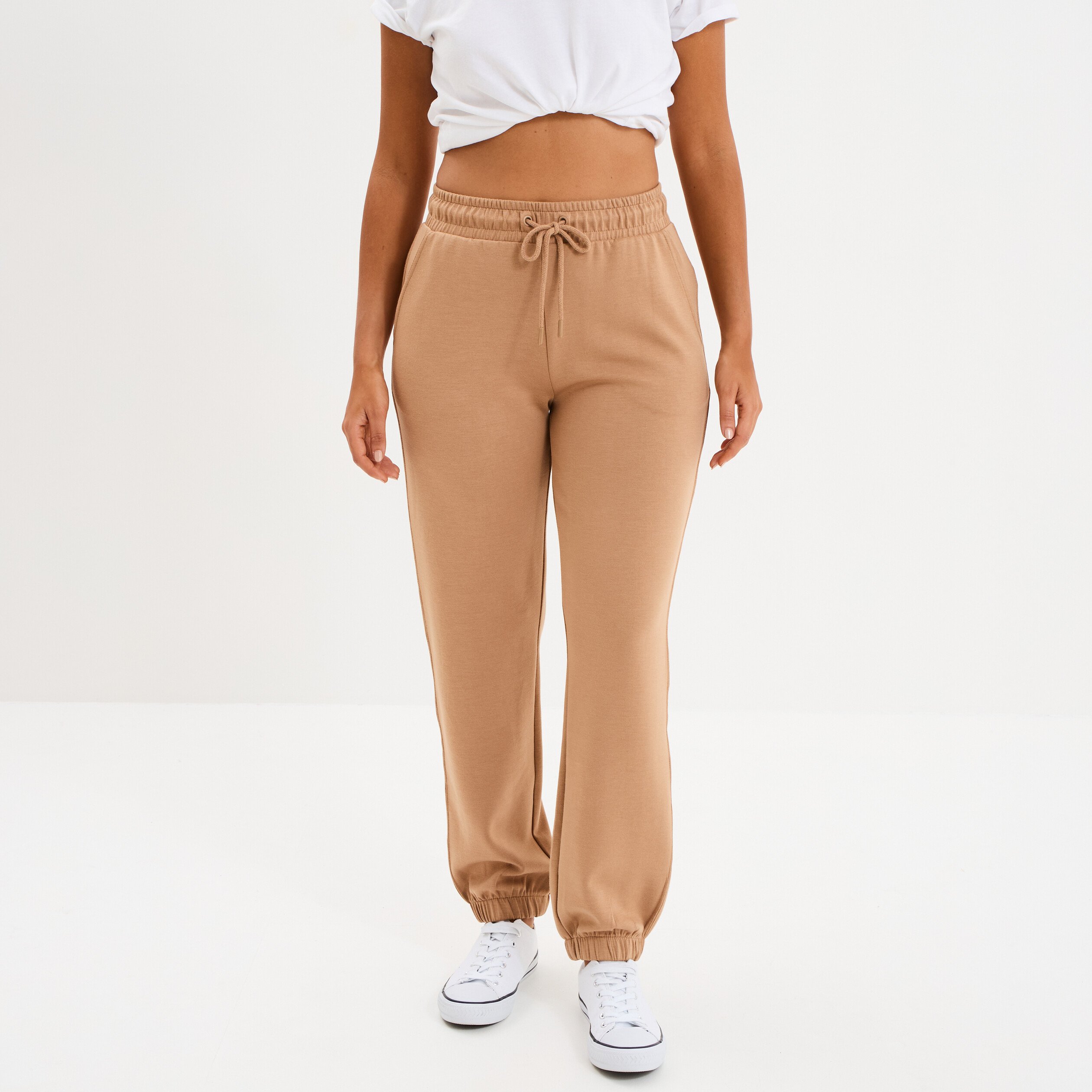 Pantalon de jogging large élastiqué taupe femme