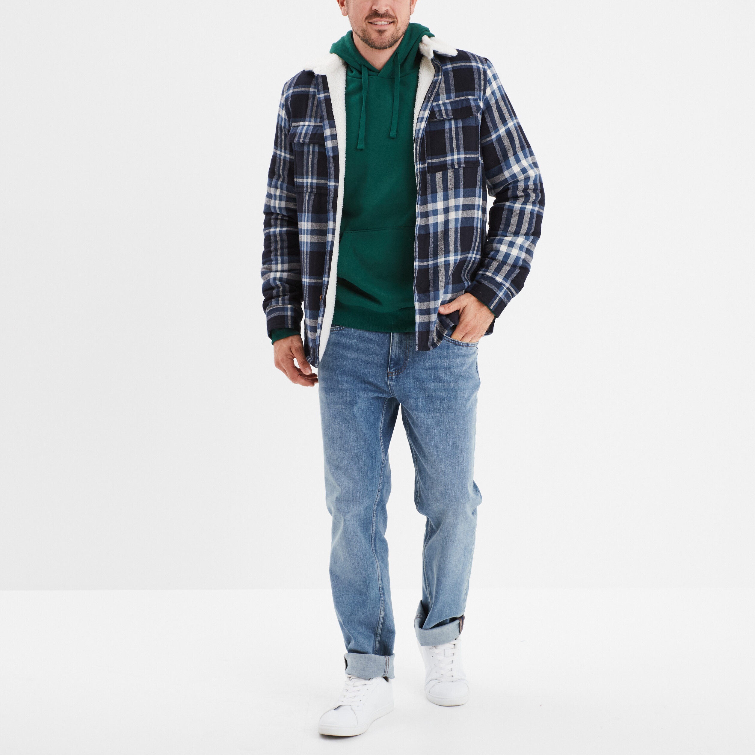 Surchemise carreaux doublée effet sherpa bleu homme