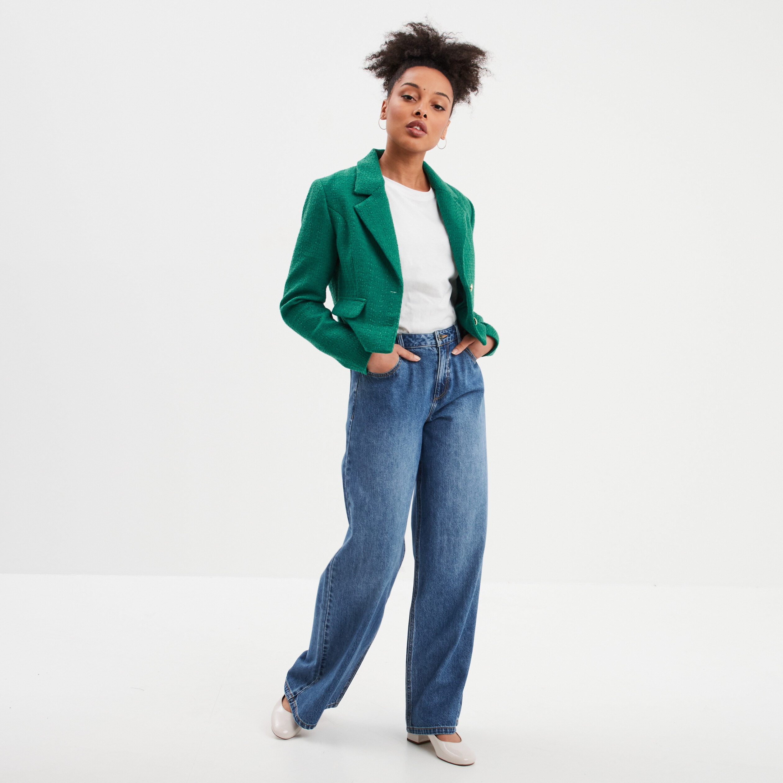 Veste courte tweed col tailleur vert femme