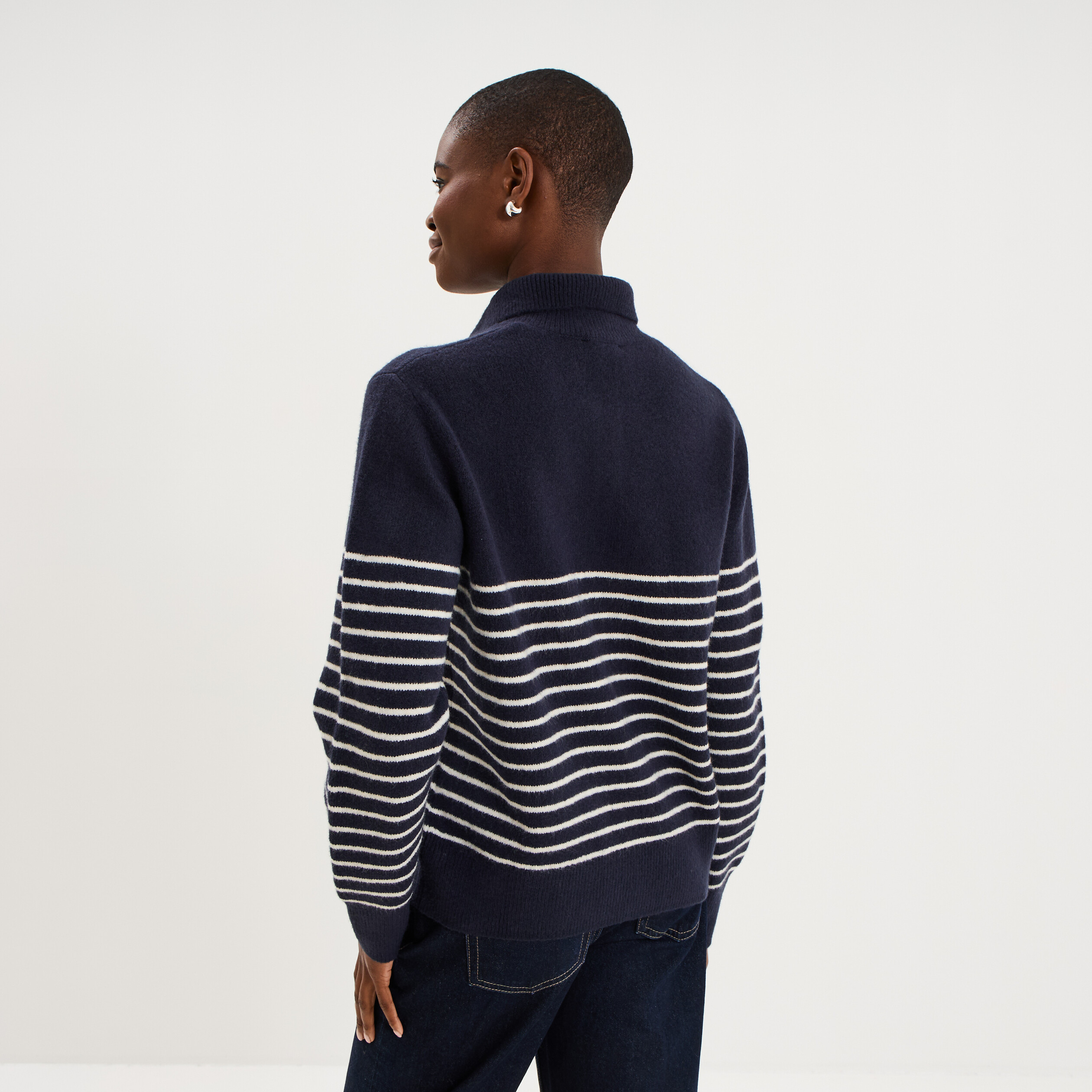 Pull col camionneur manches longues bleu marine femme