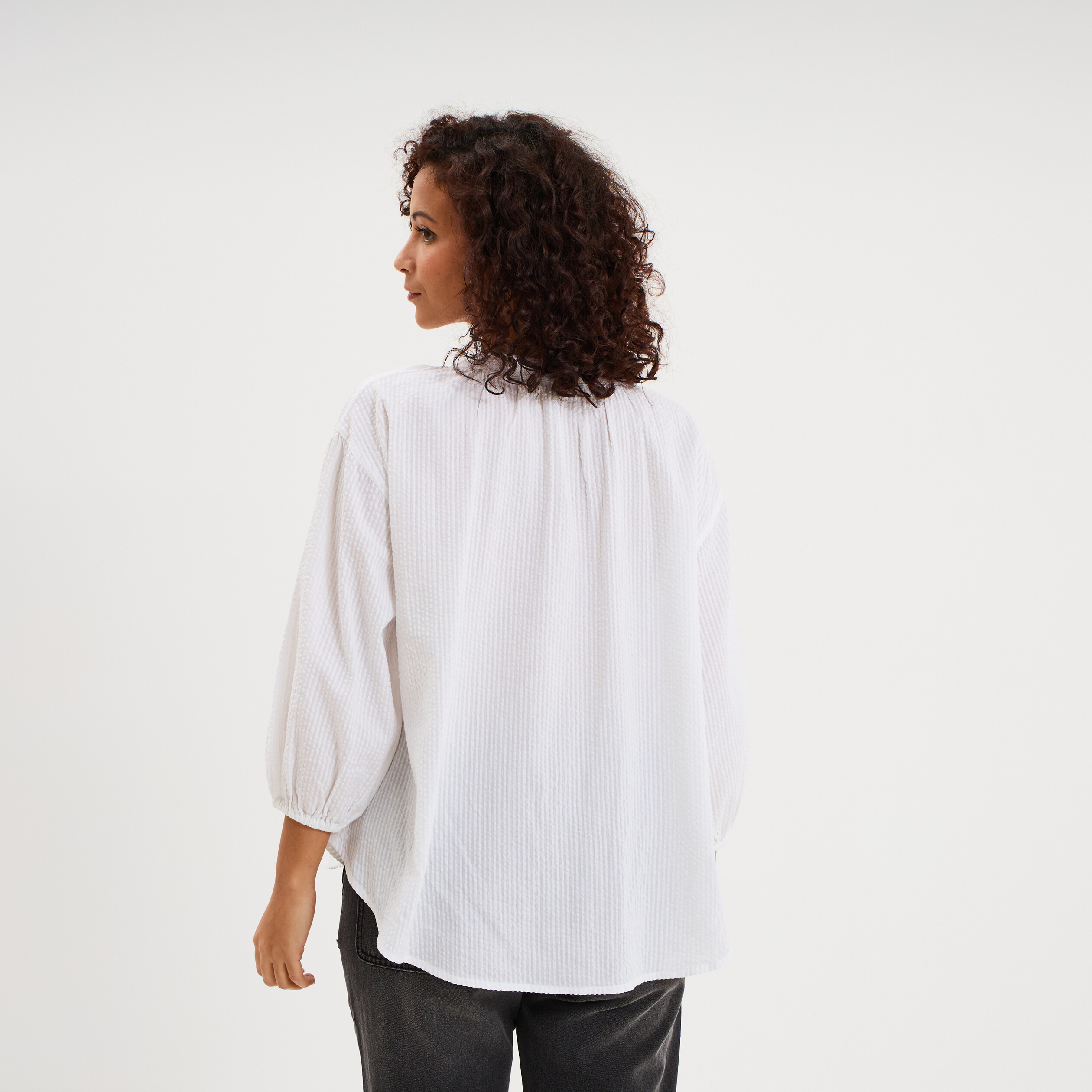Blouse col tunisien manches 3/4 coton blanc femme