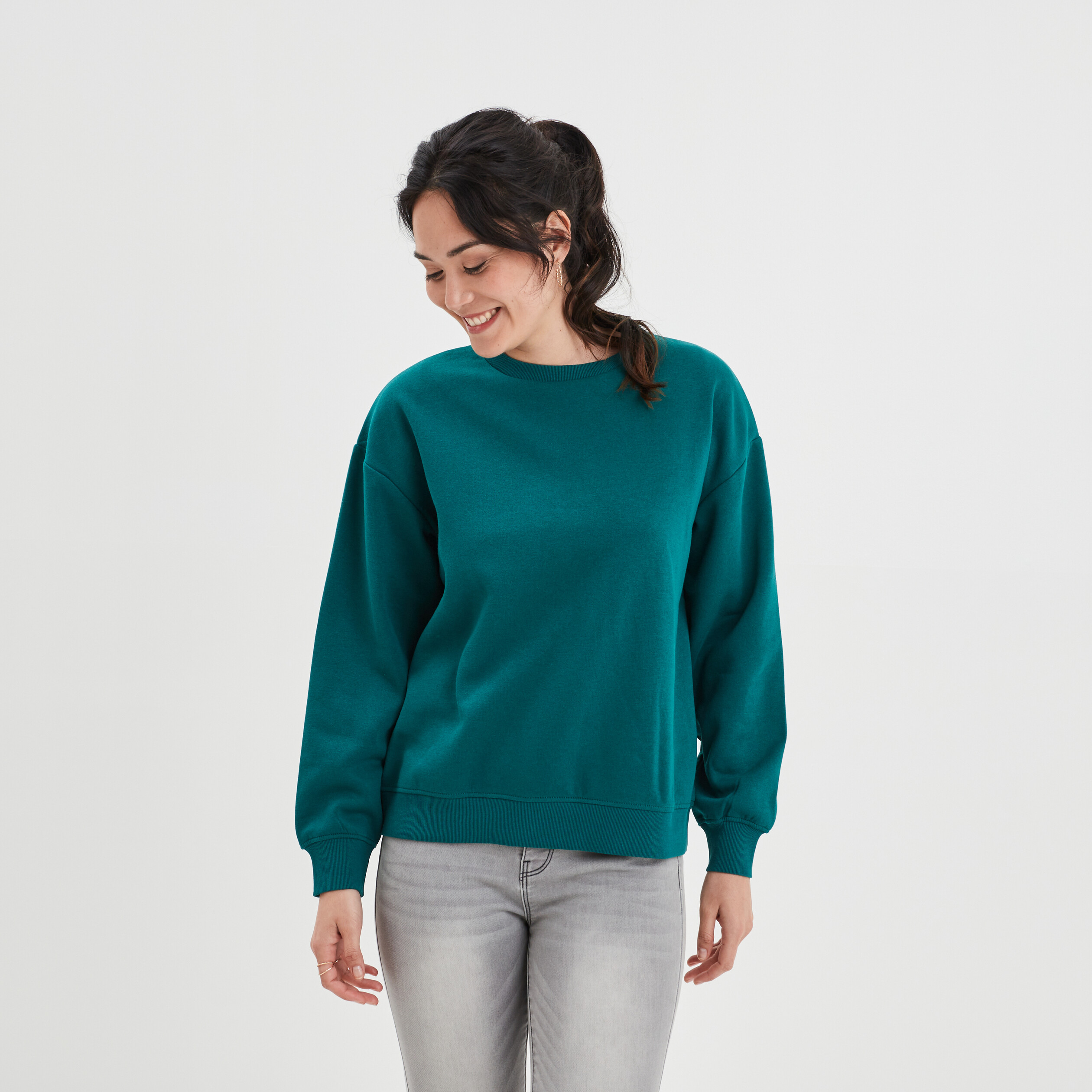 Sweat molleton avec col rond vert émeraude femme