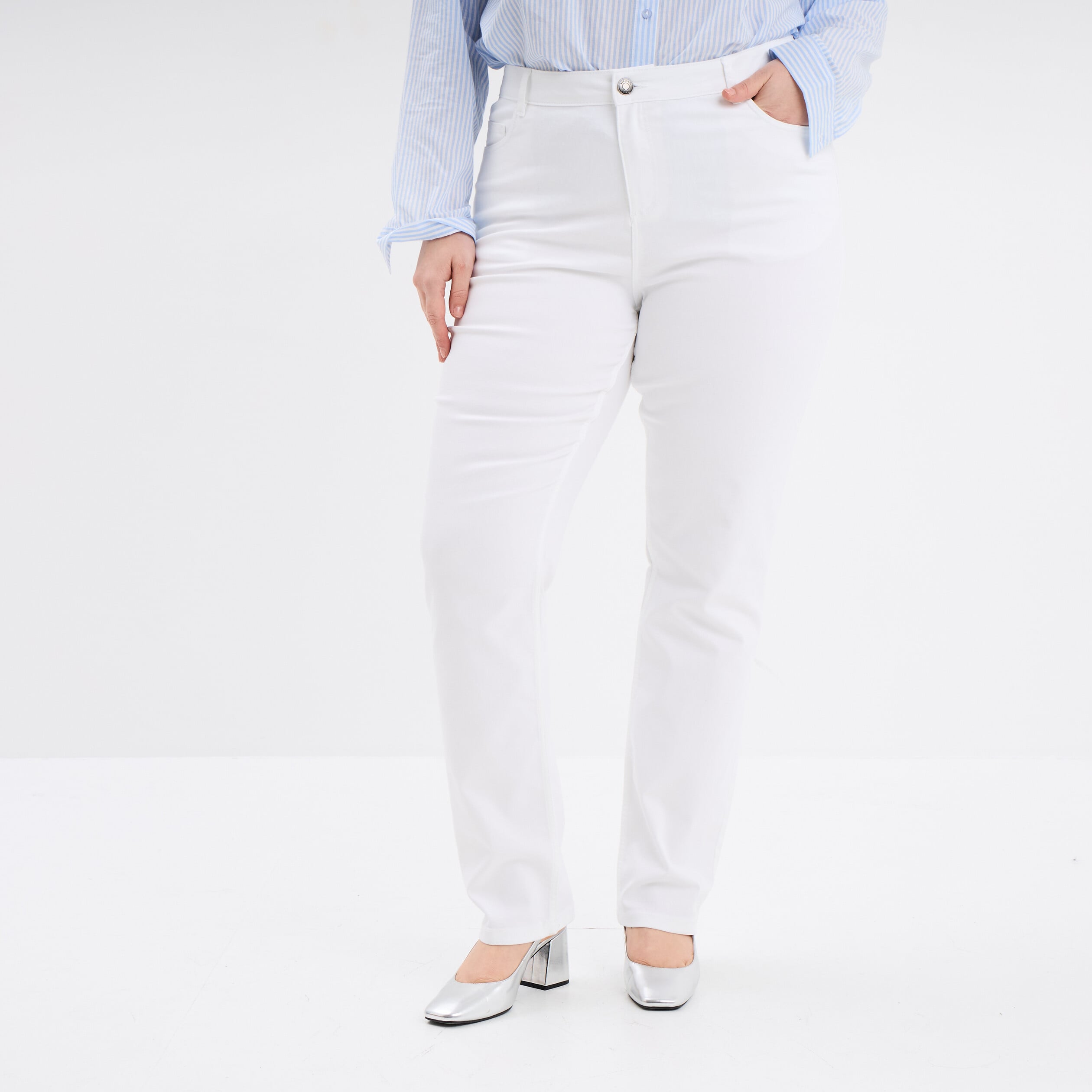 Pantalon droit taille haute extensible blanc femme grande taille