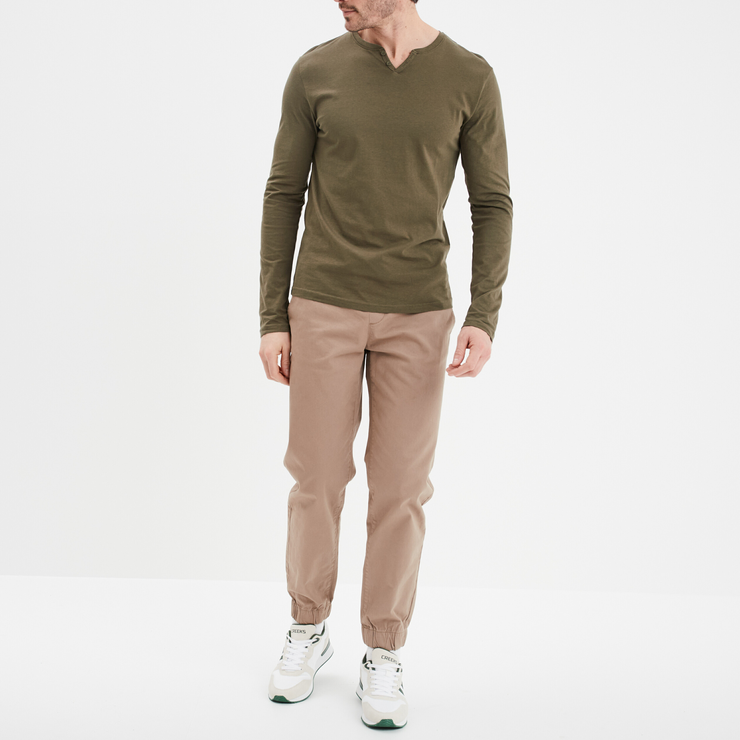 t shirt col tunisien manches longues vert kaki homme T-shirt col tunisien manches longues vert kaki homme