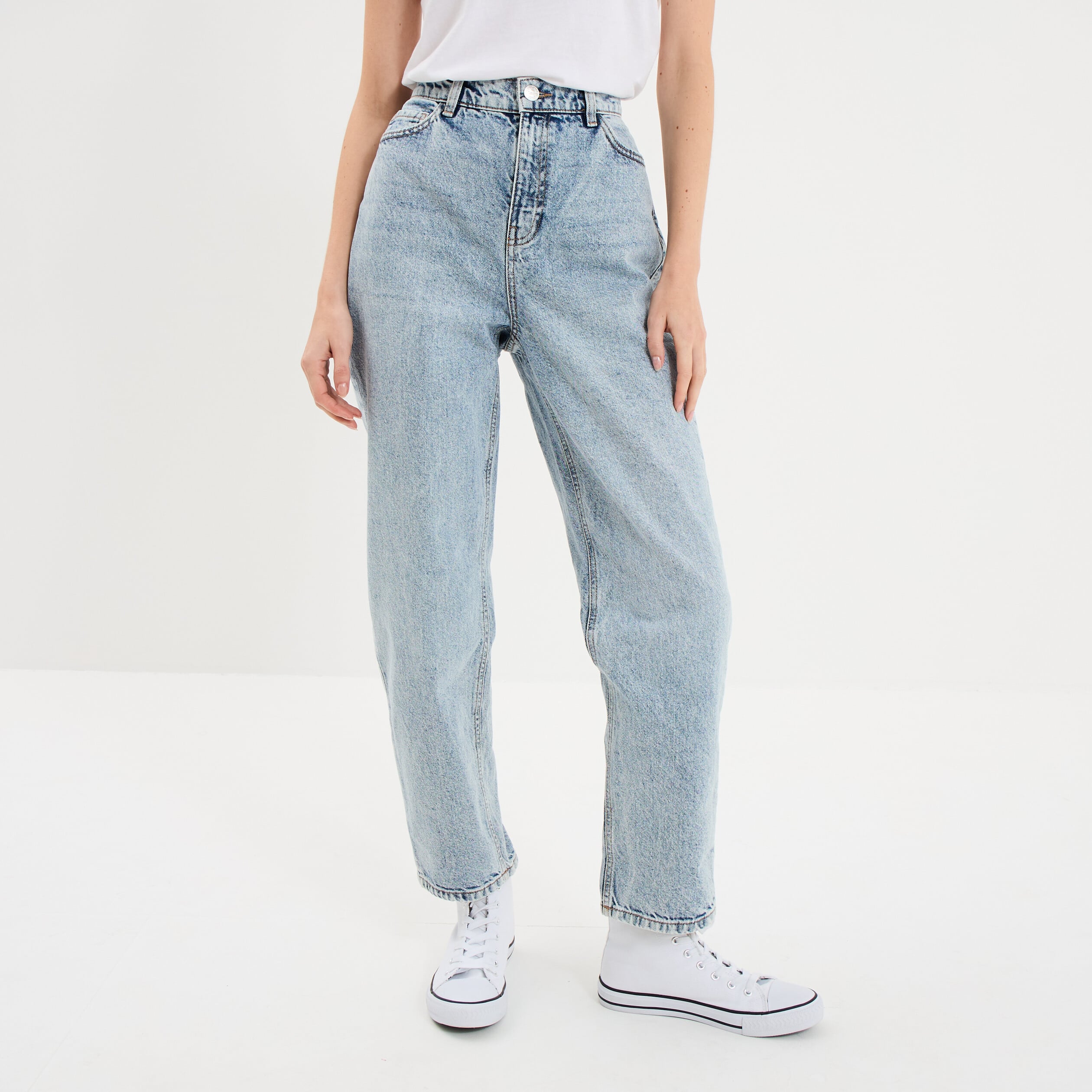 Jeans mom cropped taille haute denim bleach femme