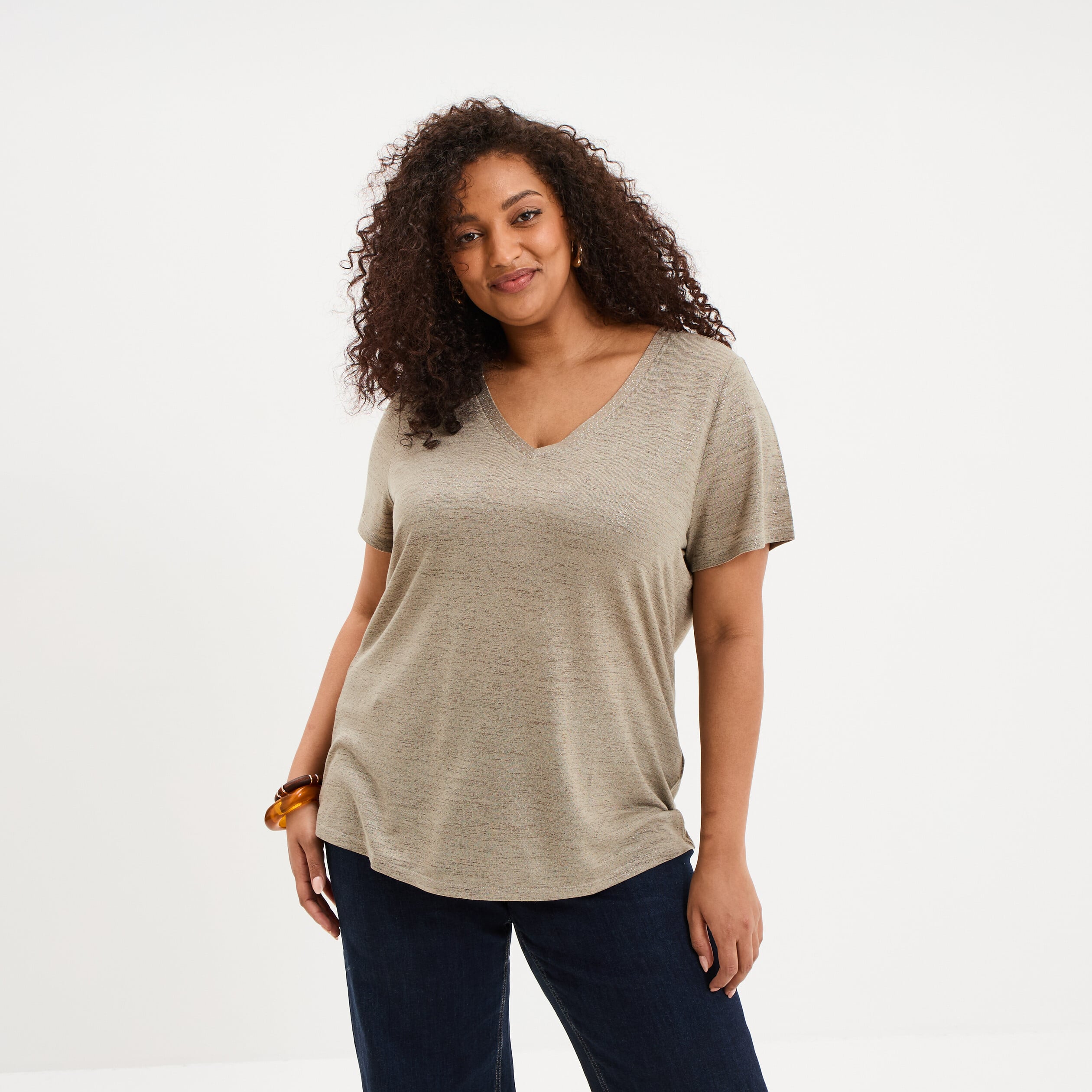 T-shirt col en V manches courtes vert kaki femme grande taille