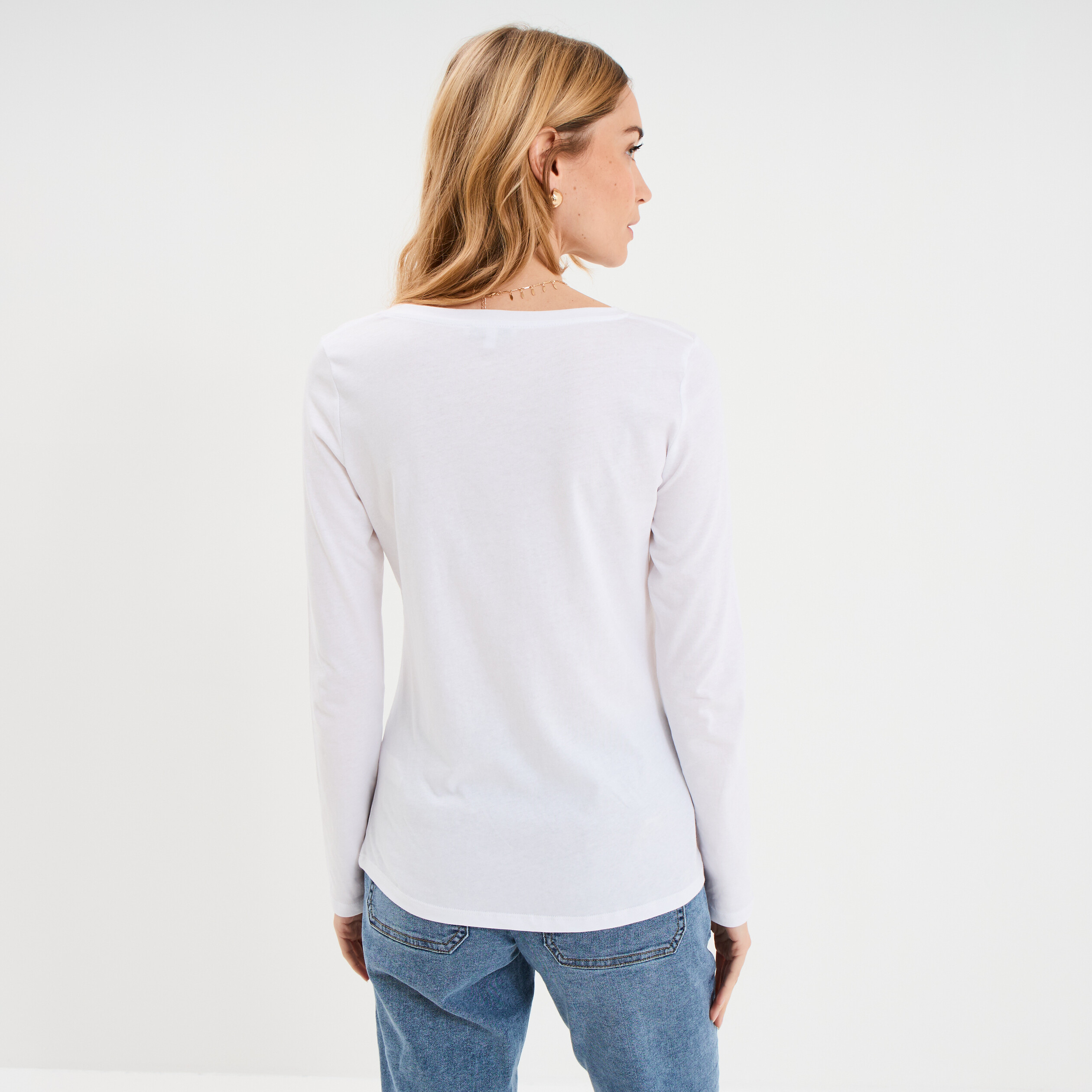 T-shirt col en V manches longues coton blanc femme