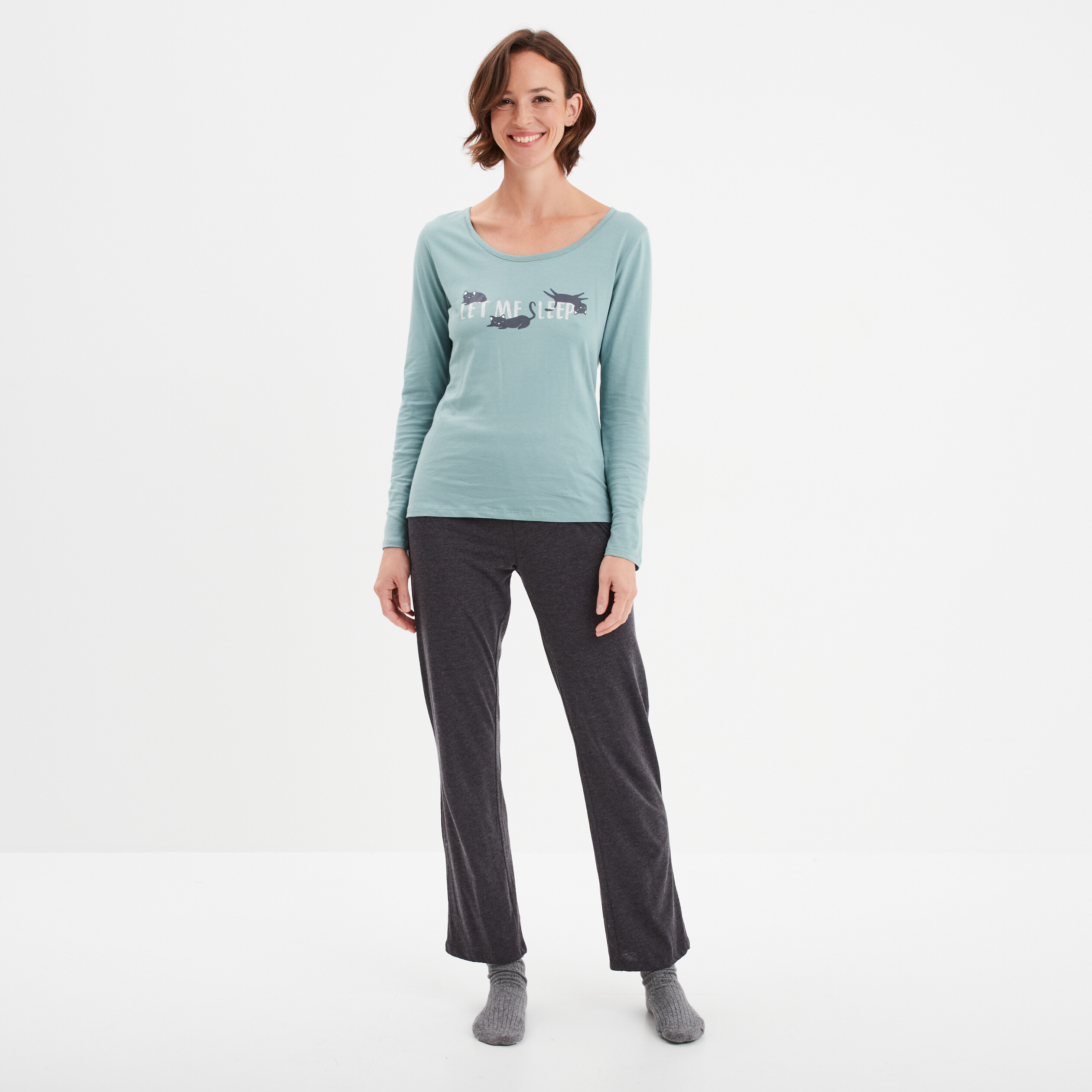 ensemble pyjama pantalon 2 pieces coton bleu gris femme Ensemble pyjama pantalon 2 pièces coton bleu gris femme