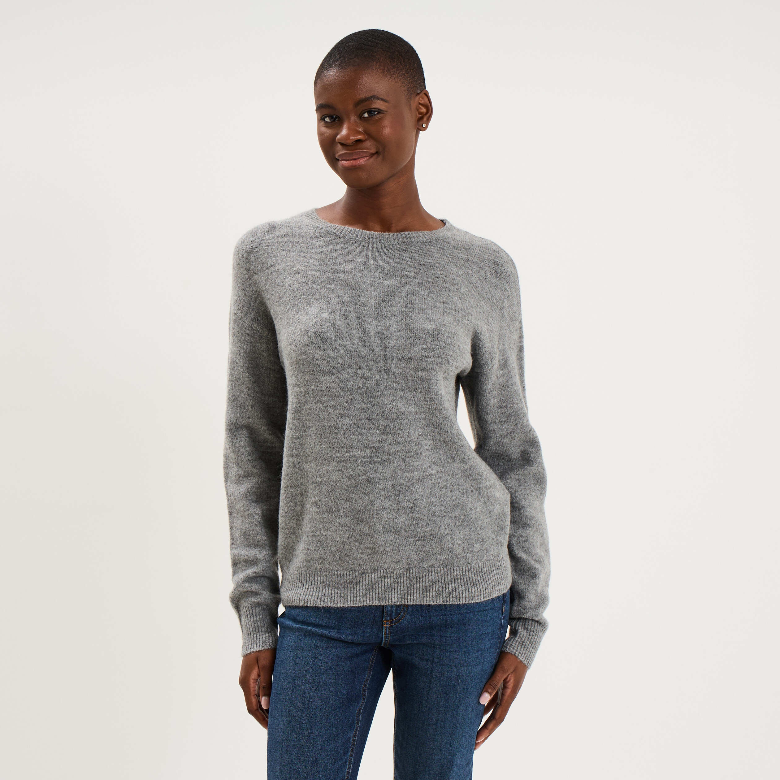 Pull col rond manches longues gris clair femme