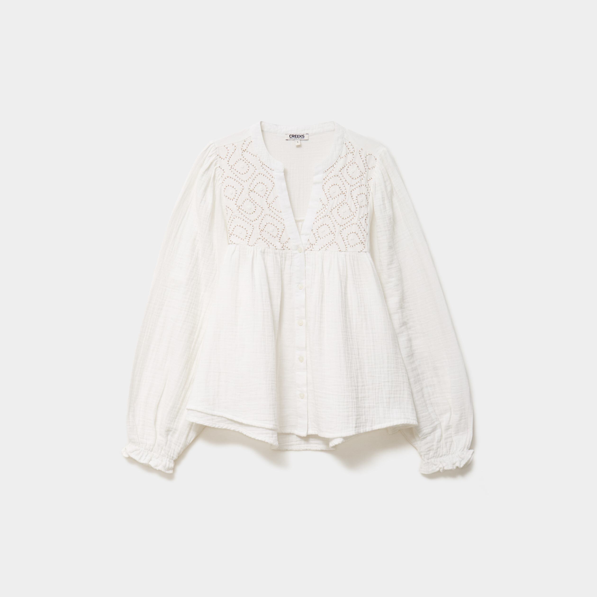 Blouse brod&eacute;e col tunisien coton blanc femme