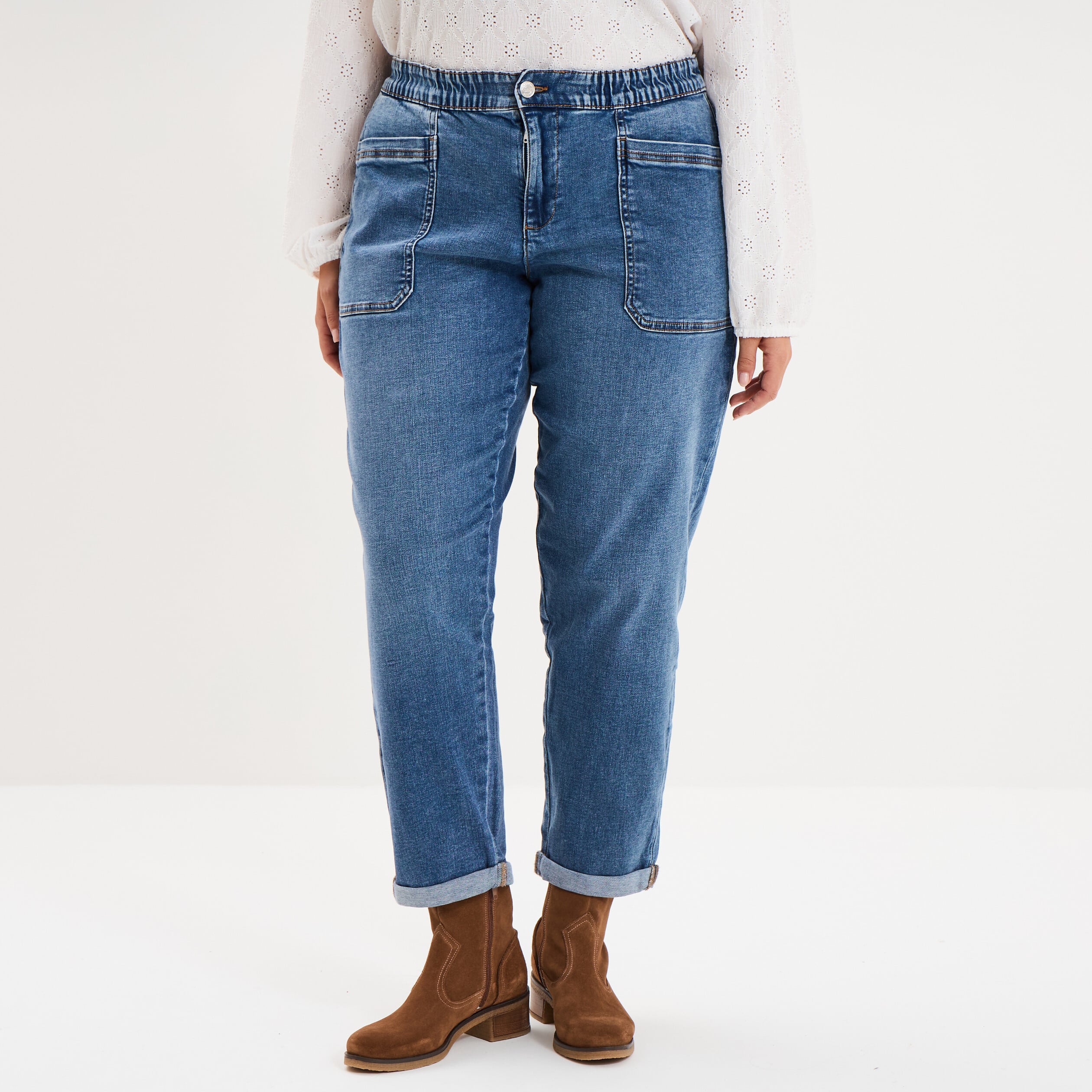 Jean droit taille &eacute;lastiqu&eacute;e &agrave; revers denim stone femme grande taille