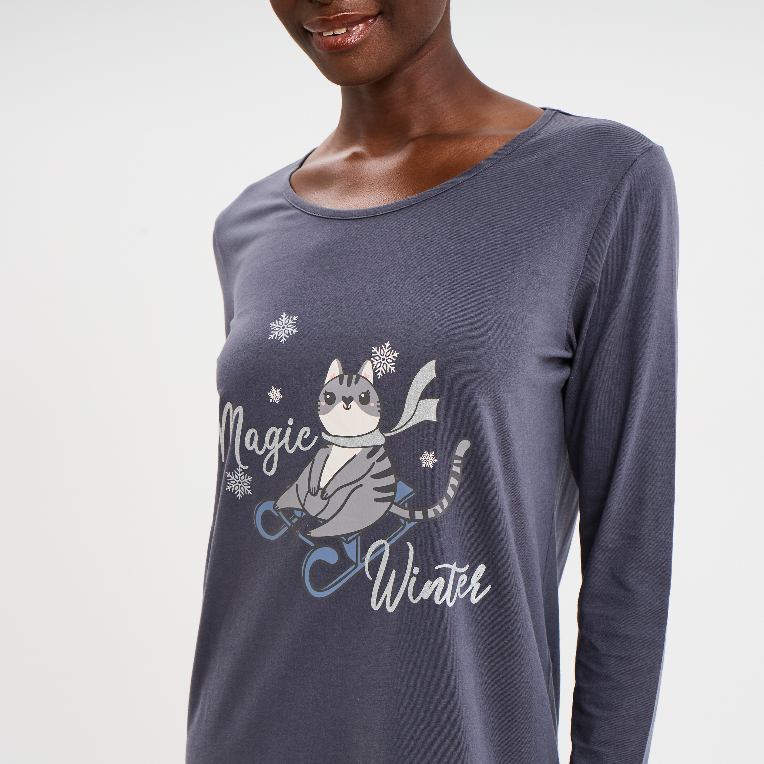 Chemise de nuit manches longues coton bleu gris femme