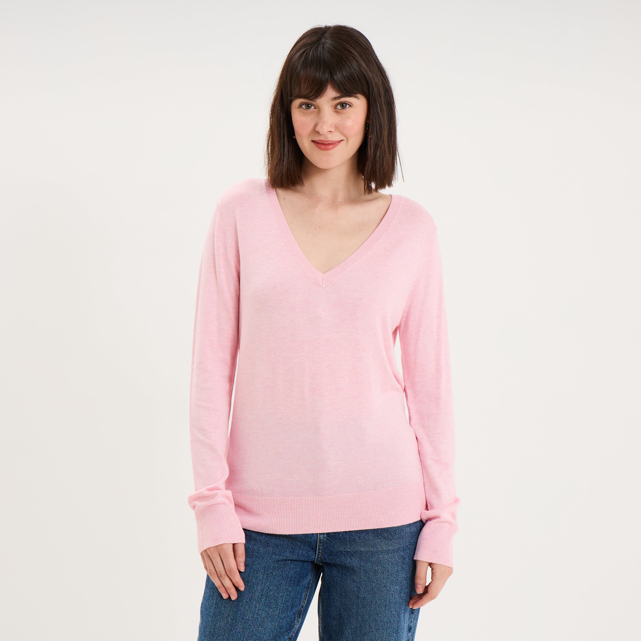 Pull col en V manches longues rose clair femme
