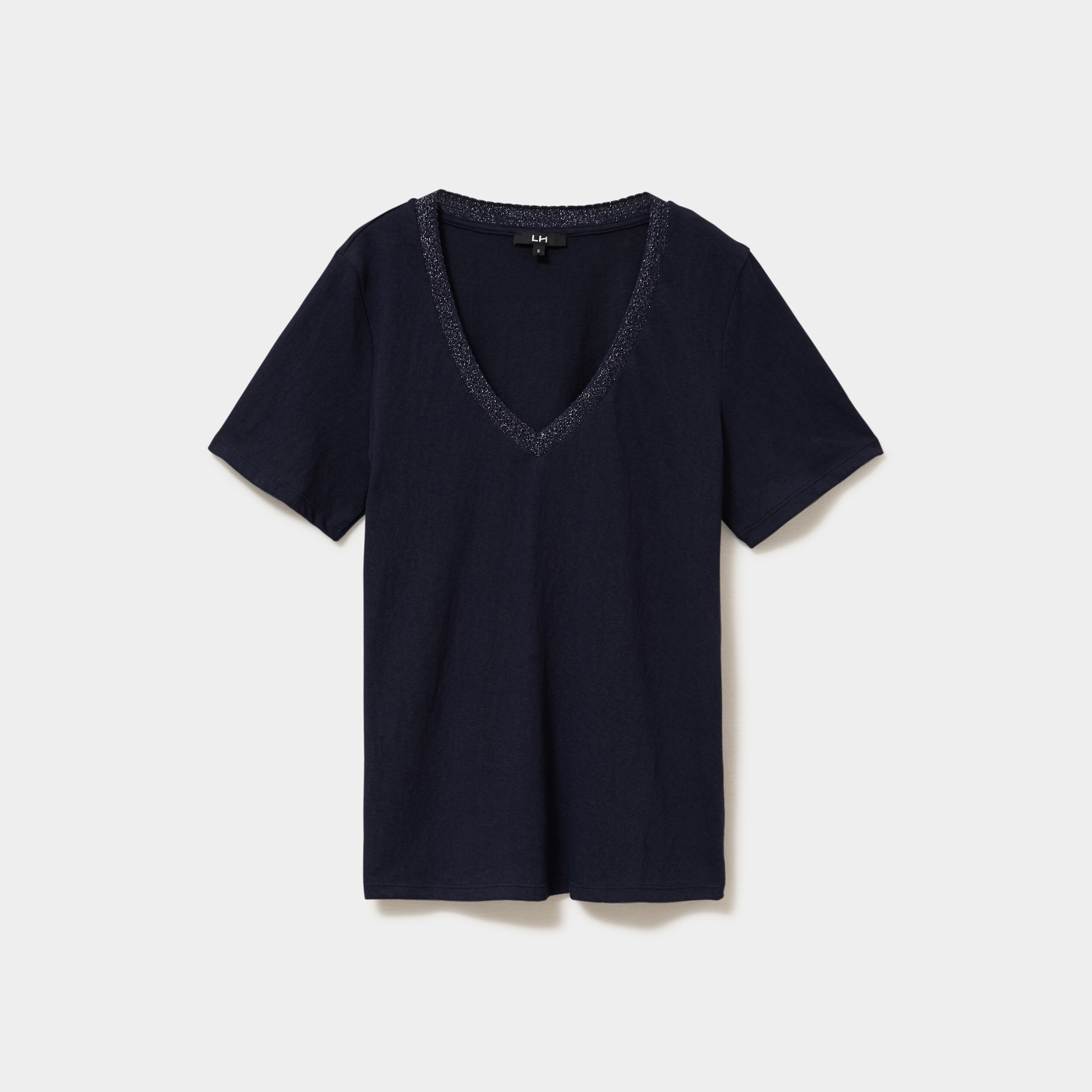T-shirt col en V manches courtes bleu fonc&eacute; femme