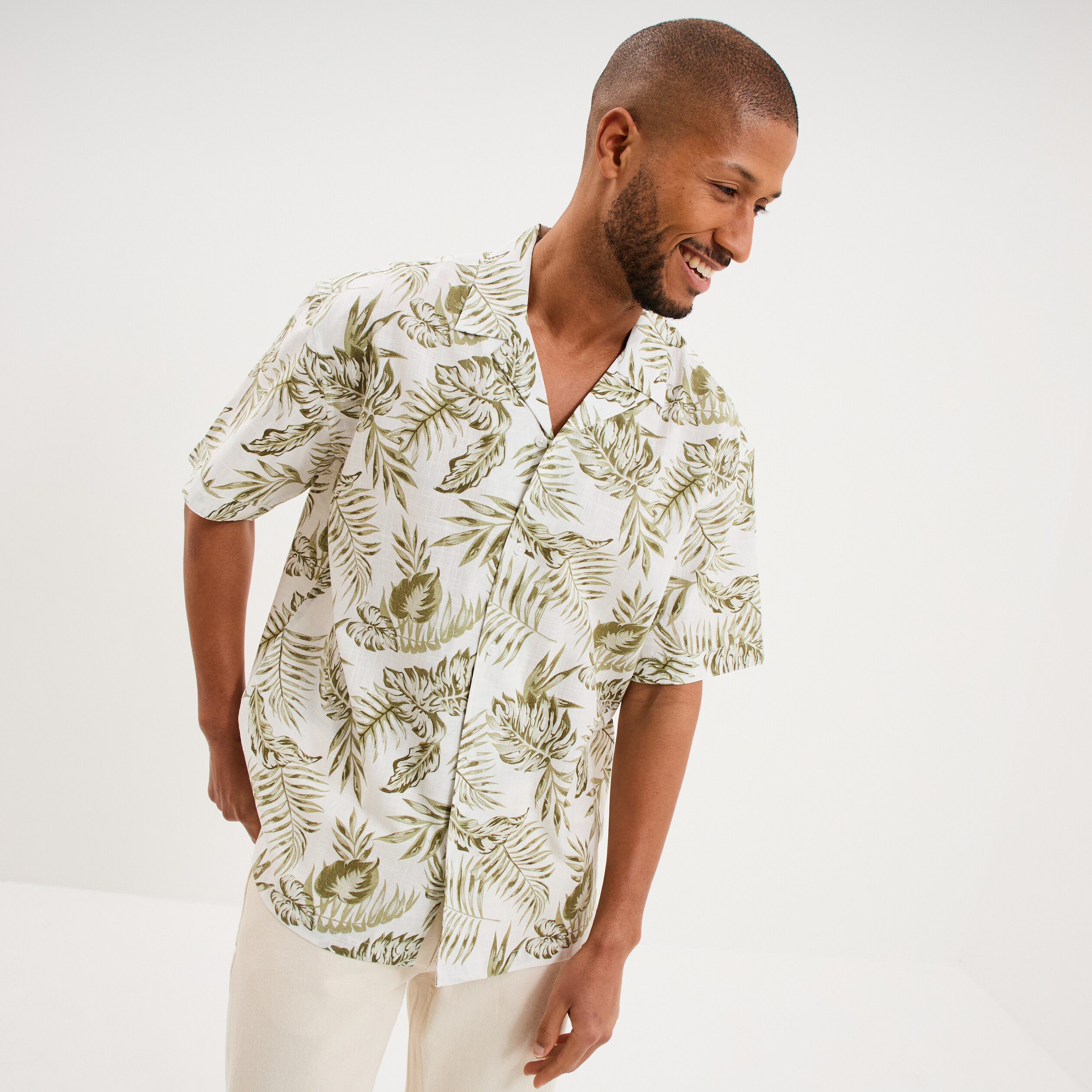 Chemise en coton manches courtes vert olive homme