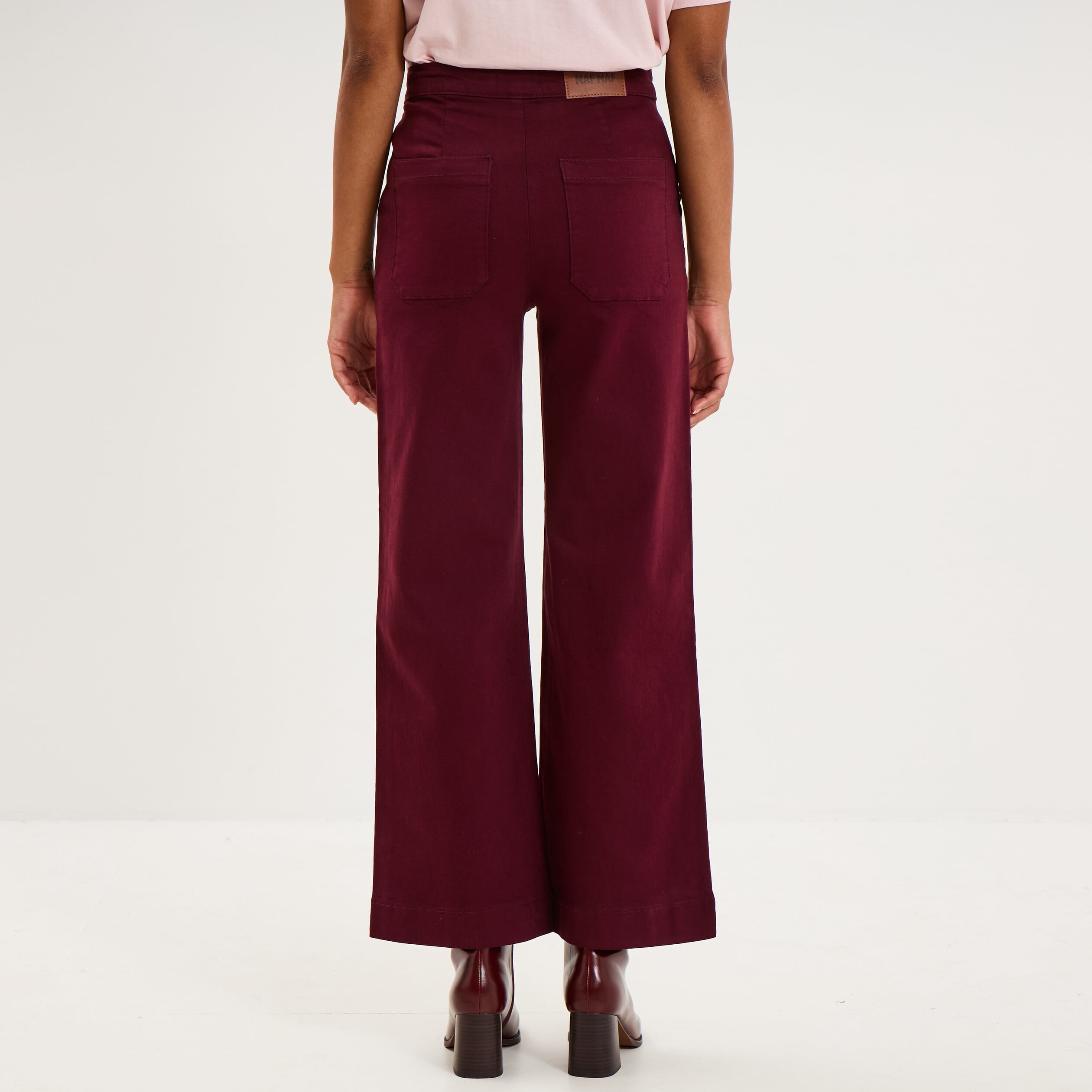Pantalon wide leg cropped &agrave; boutons violet fonc&eacute; femme