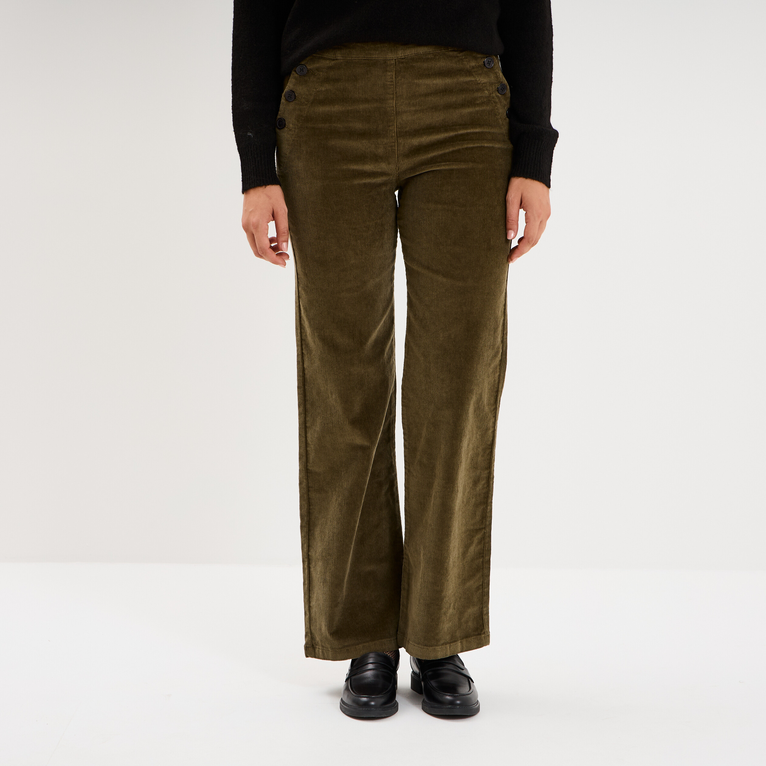 Pantalon &agrave; pont velours 7/8&egrave;me vert kaki femme