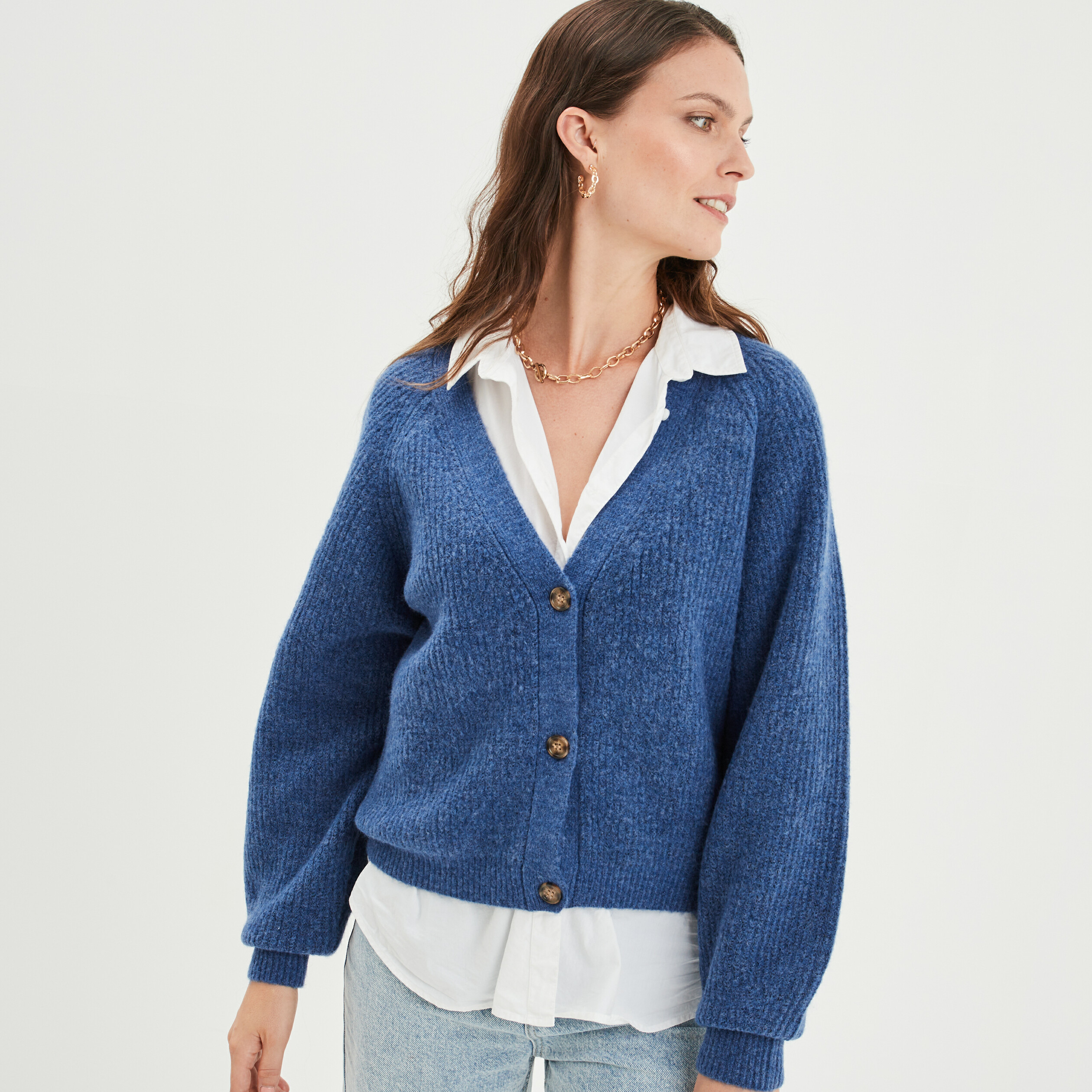 Pull Col V Femme 2025 - Léger, Doux Et Chaud - Manches Longues - Polyester - Couleur Unie Bleu Clair