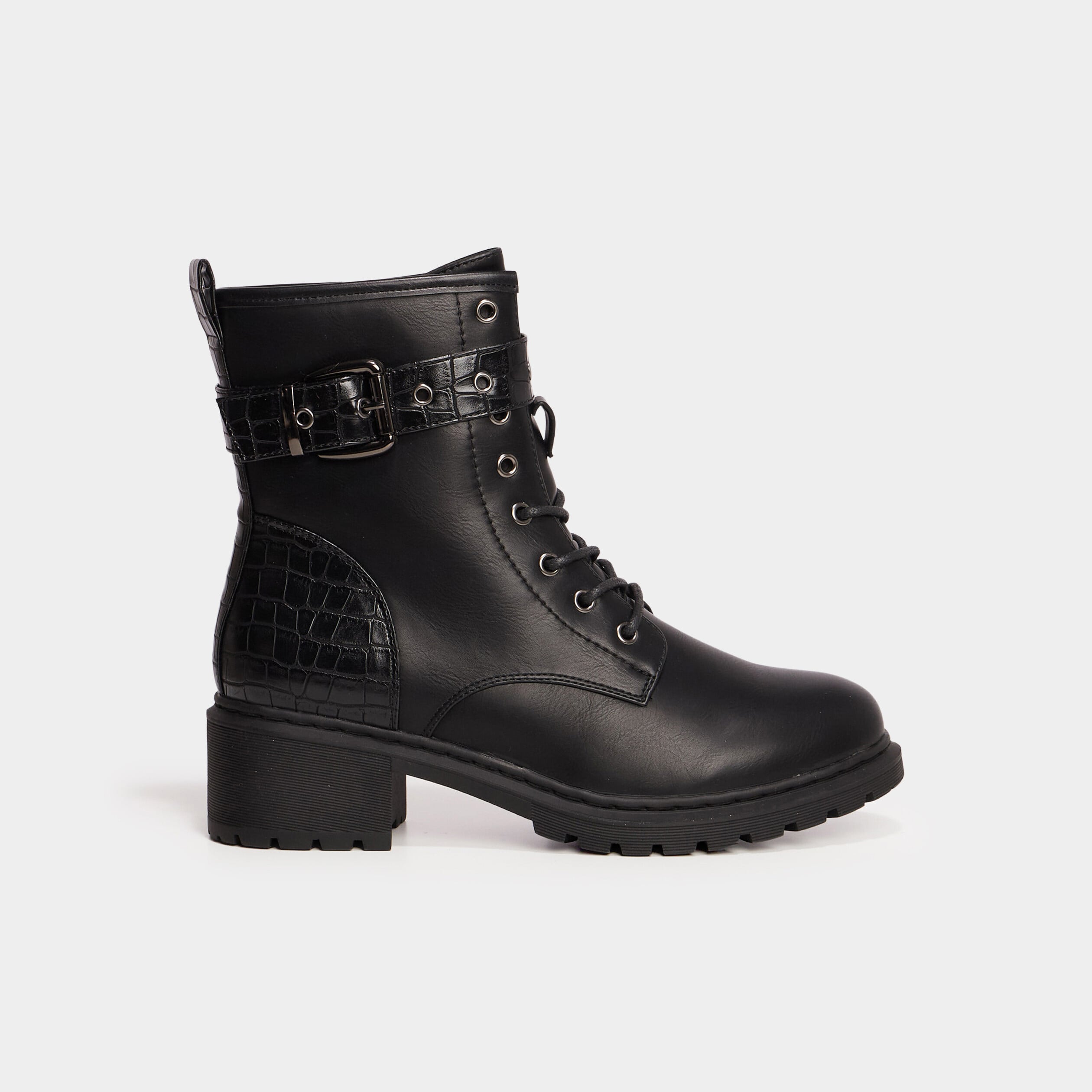 Bottines croco crant&eacute;es avec boucles noir femme