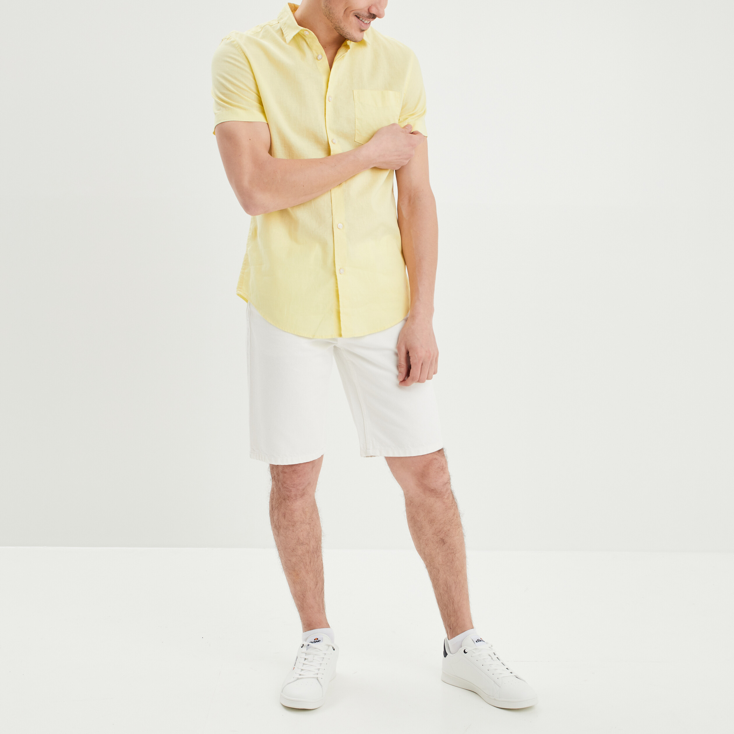 chemise manches courtes lin melange jaune clair homme Chemise manches courtes lin mélangé jaune clair homme