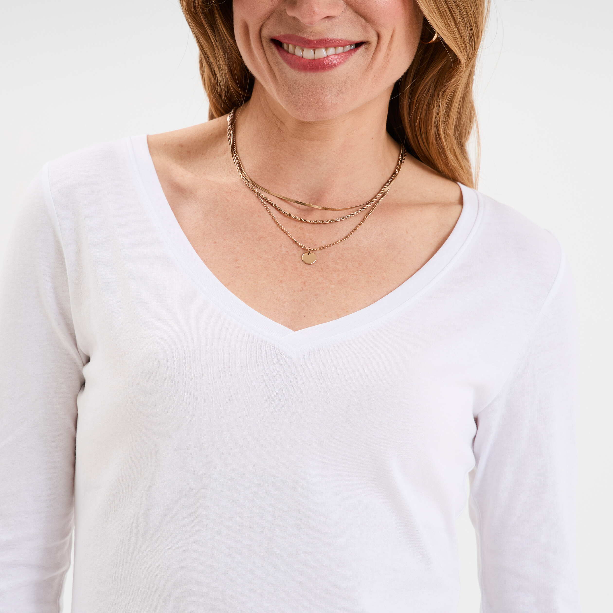 t shirt col en v manches longues coton blanc femme T-shirt col en V manches longues coton blanc femme