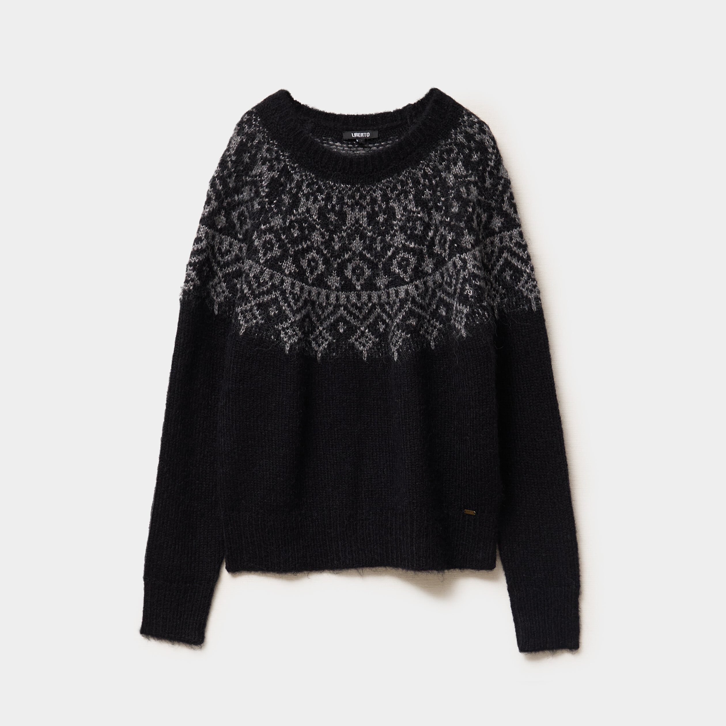 Pull jacquard col rond manches longues noir femme