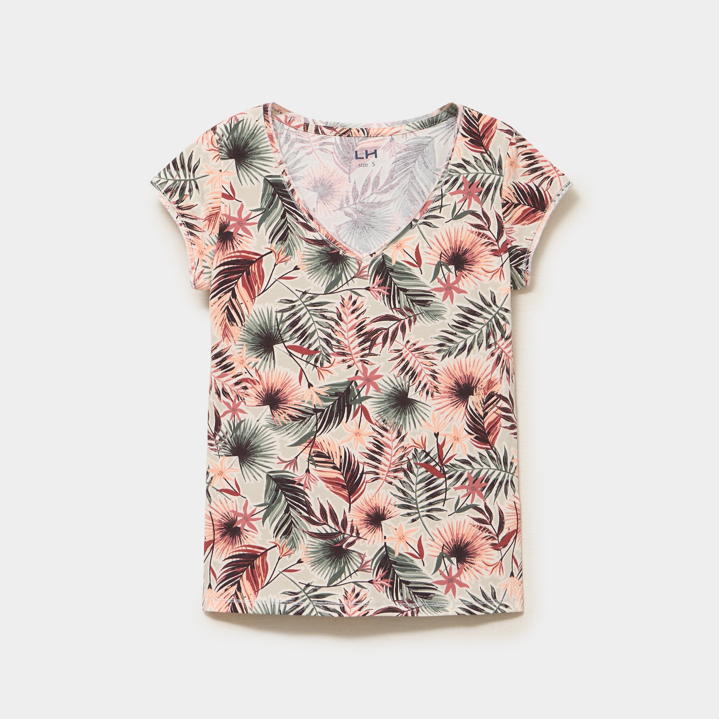 T-shirt col V droit manches courtes vert kaki femme