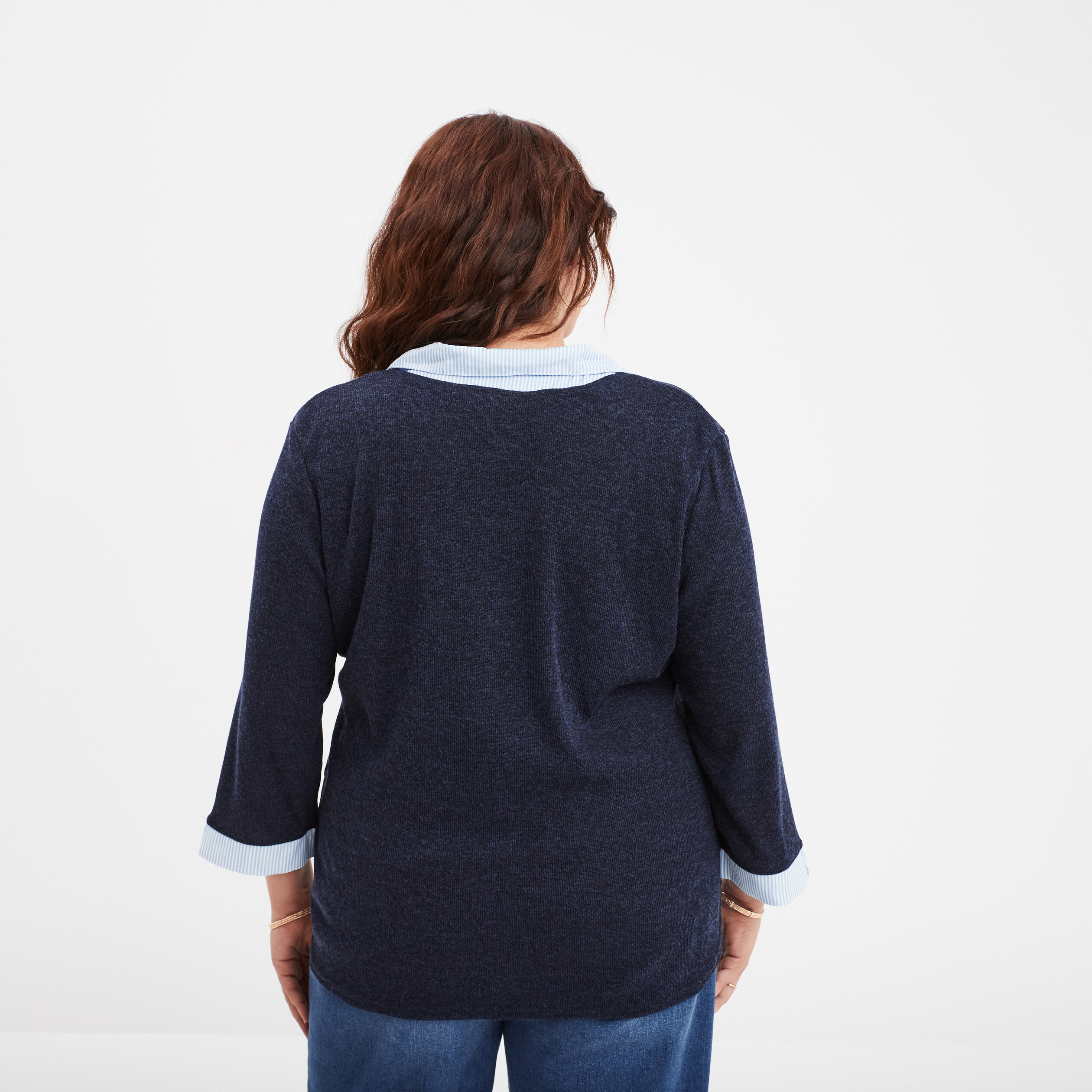pull effet 2 en 1 avec manches 34 bleu marine femmegt Pull effet 2-en-1 avec manches 3/4 bleu marine femme grande taille