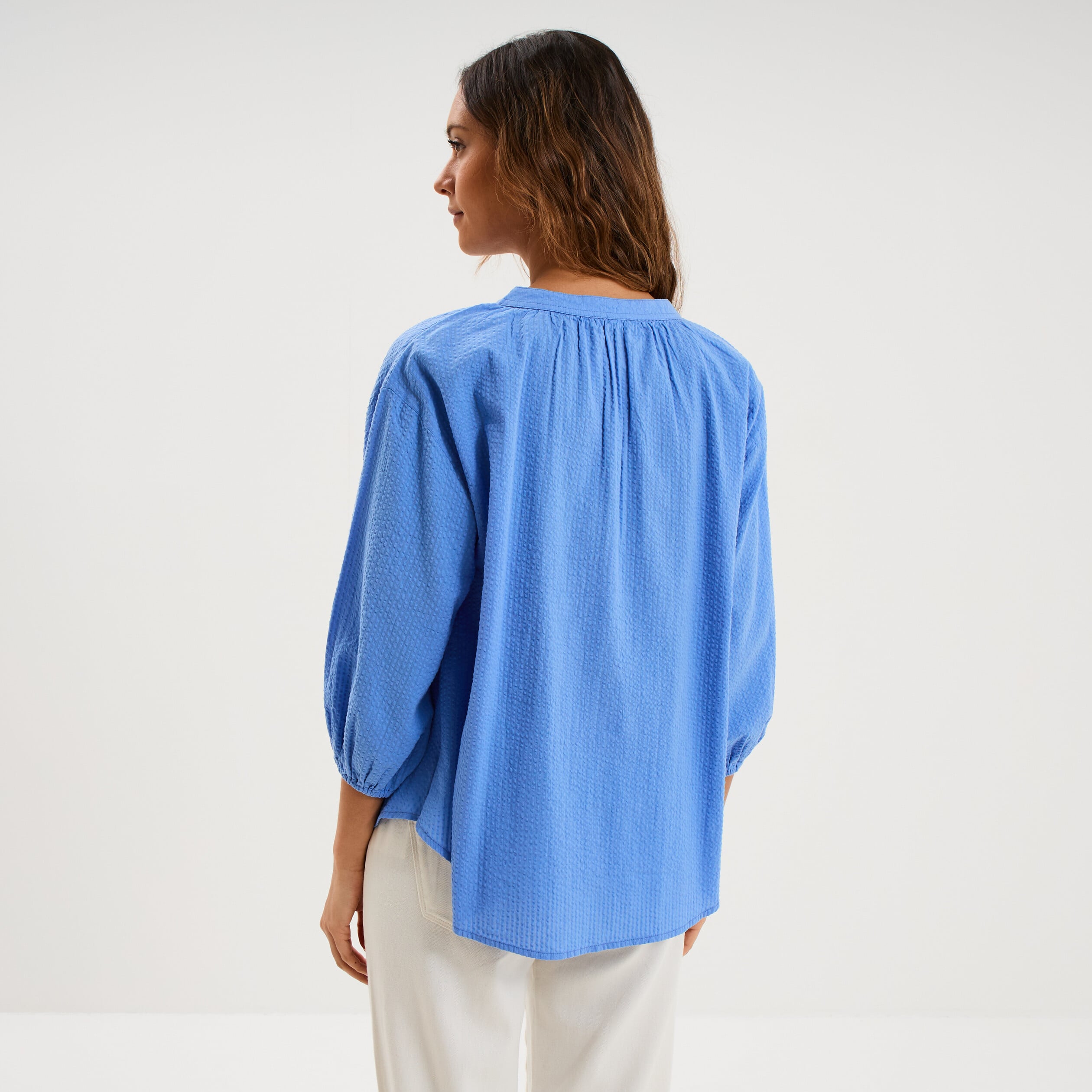 Blouse col tunisien manches 3/4 coton bleu electrique femme