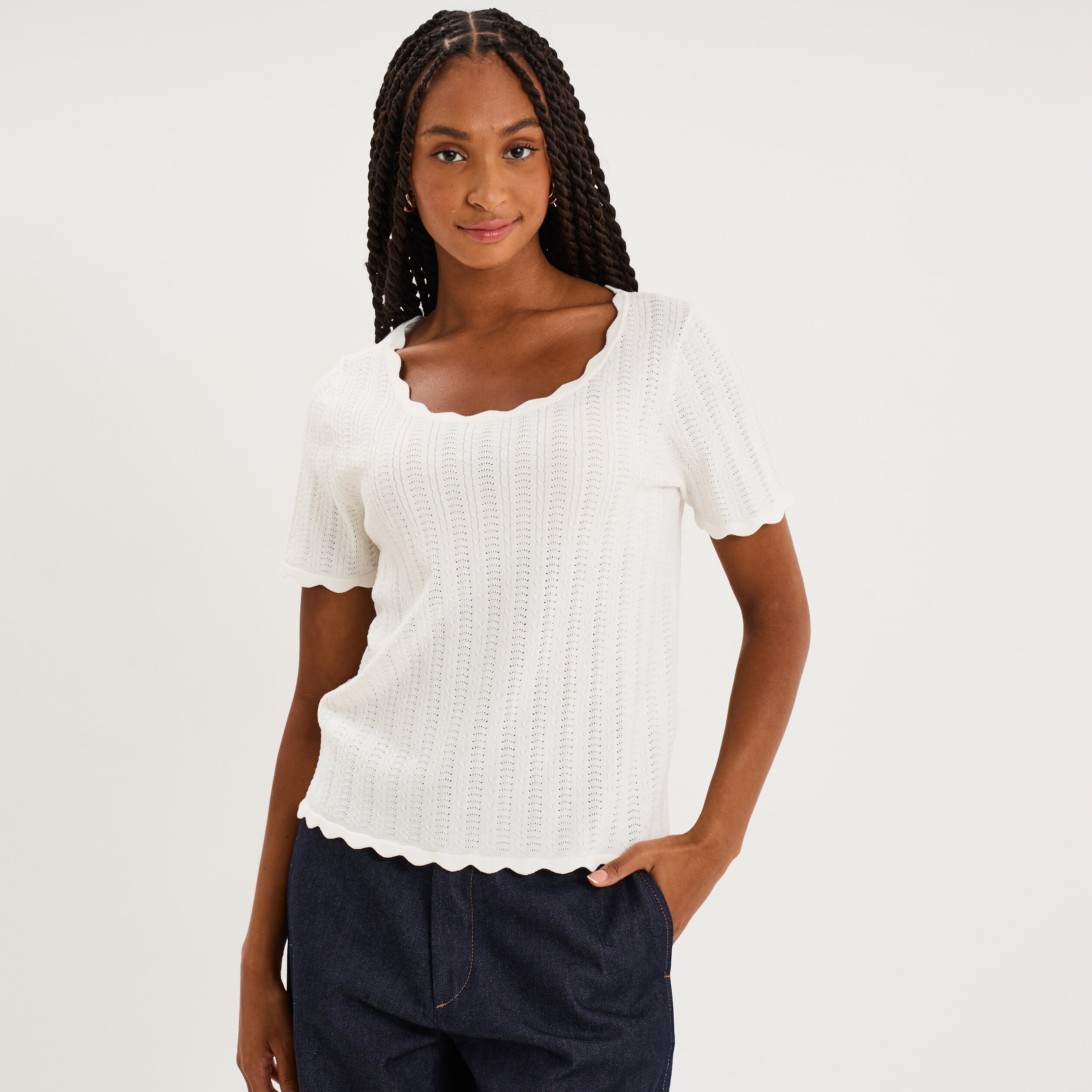 Pull col rond textur&eacute; manches courtes blanc femme