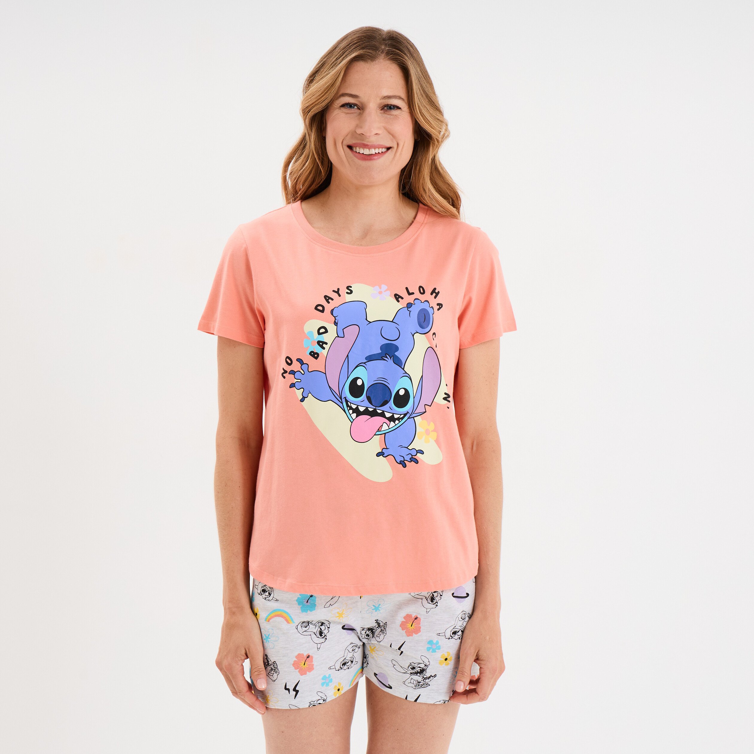 ensemble pyjama short coton stitch orange corail femme Ensemble pyjama short coton Stitch orange corail femme