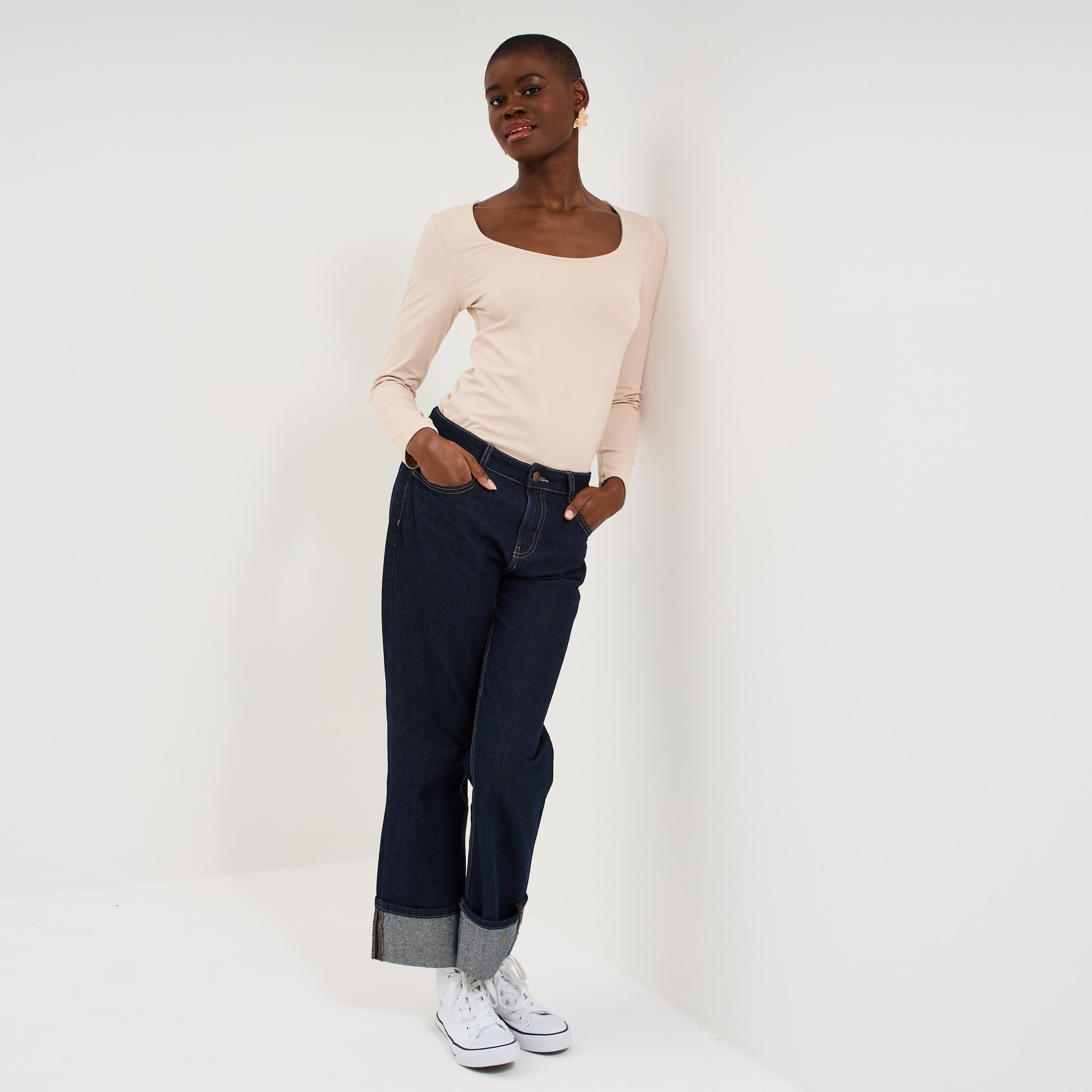 T-shirt ajust&eacute; manches longues beige femme