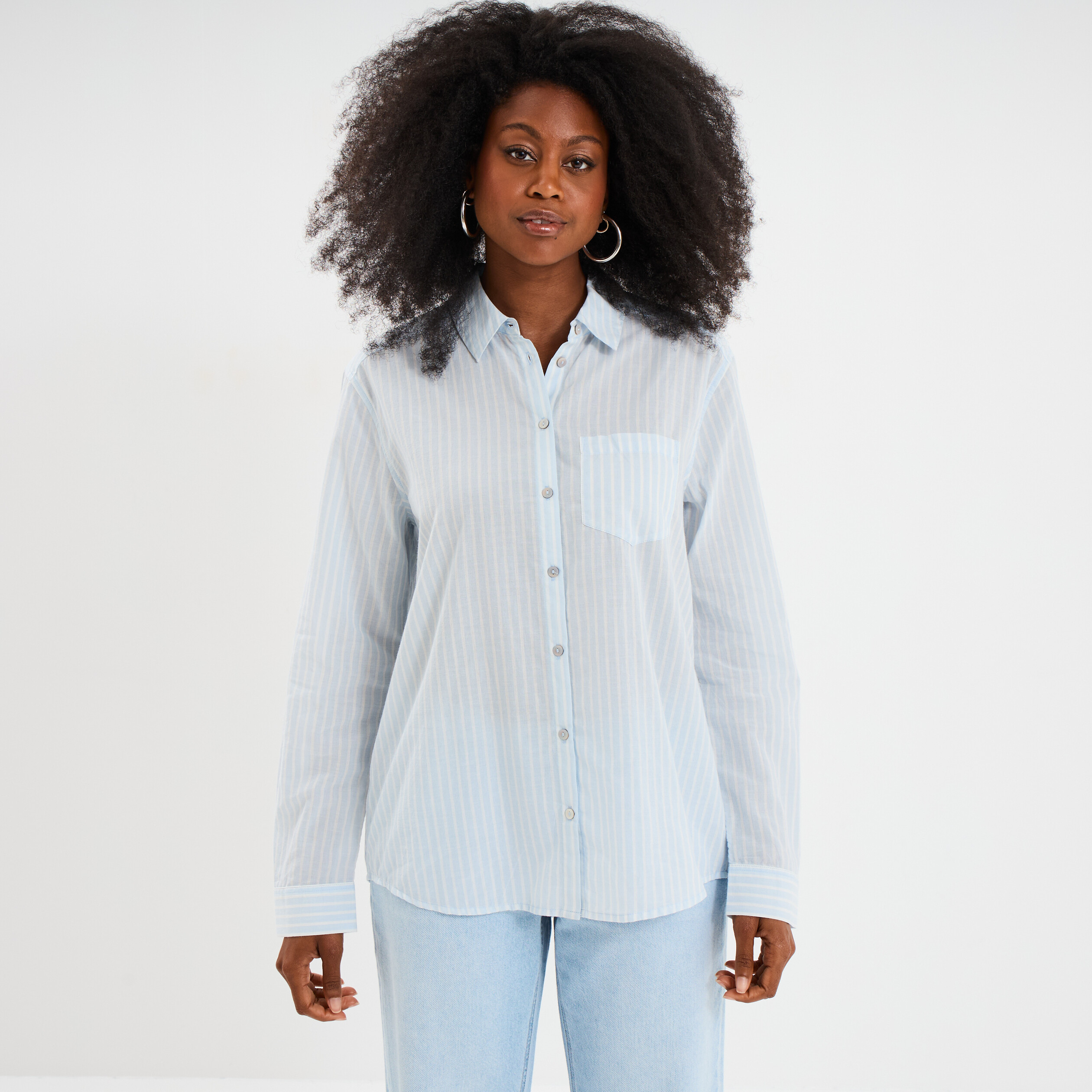 Chemise manches ajustables 1 poche coton bleu femme