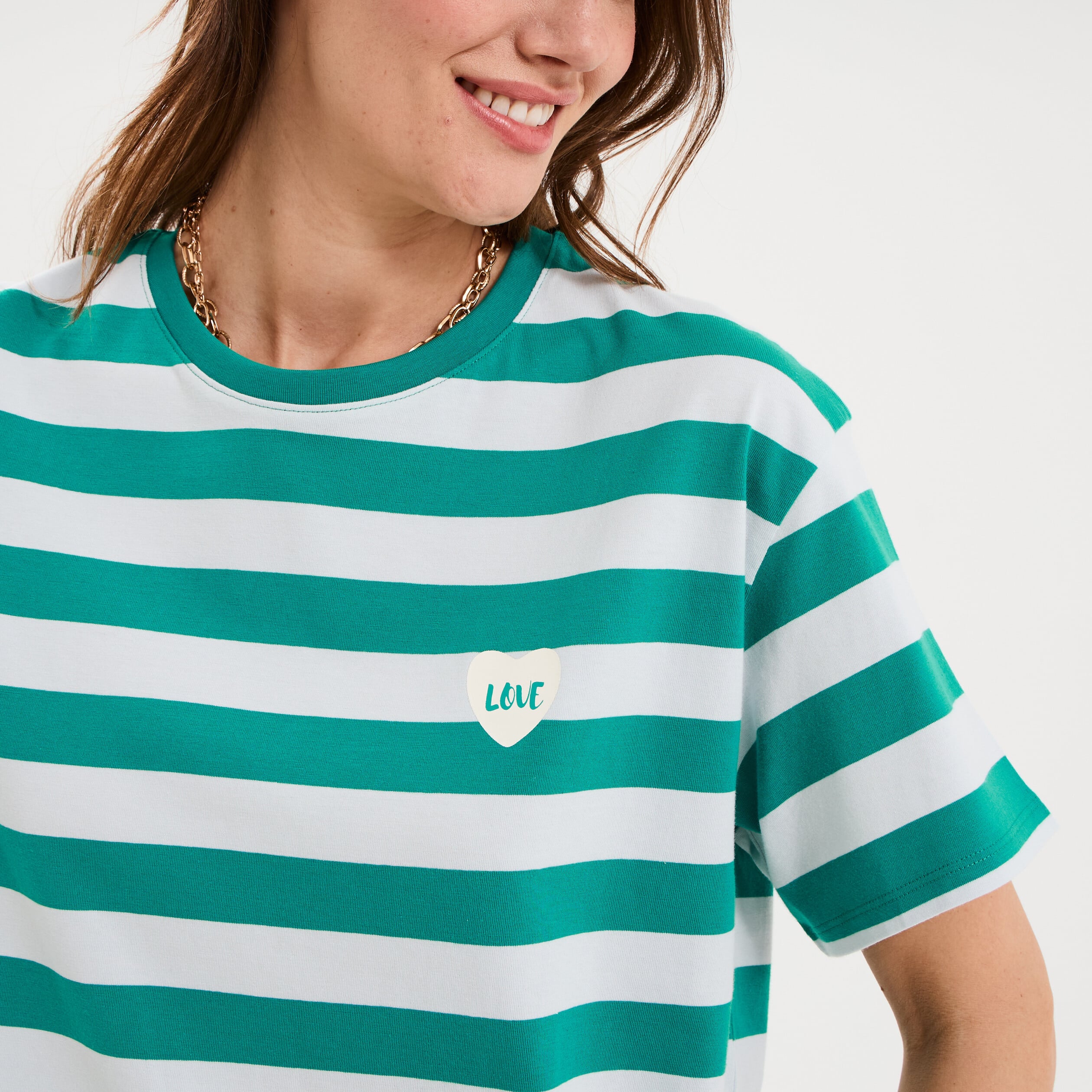 T-shirt droit &agrave; manches courtes coton vert canard femme