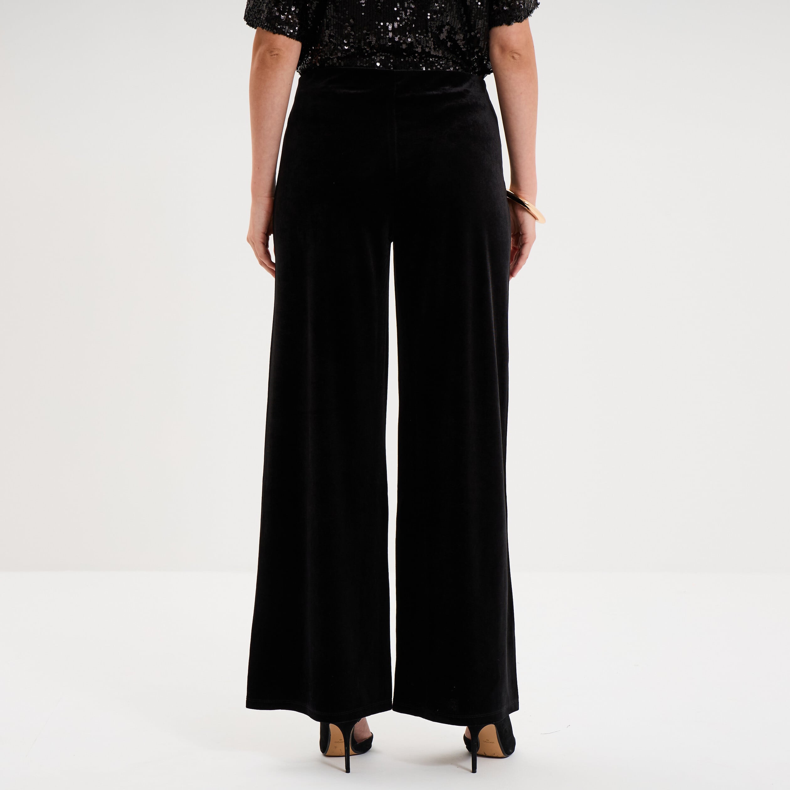 Pantalon large en velours taille haute noir femme