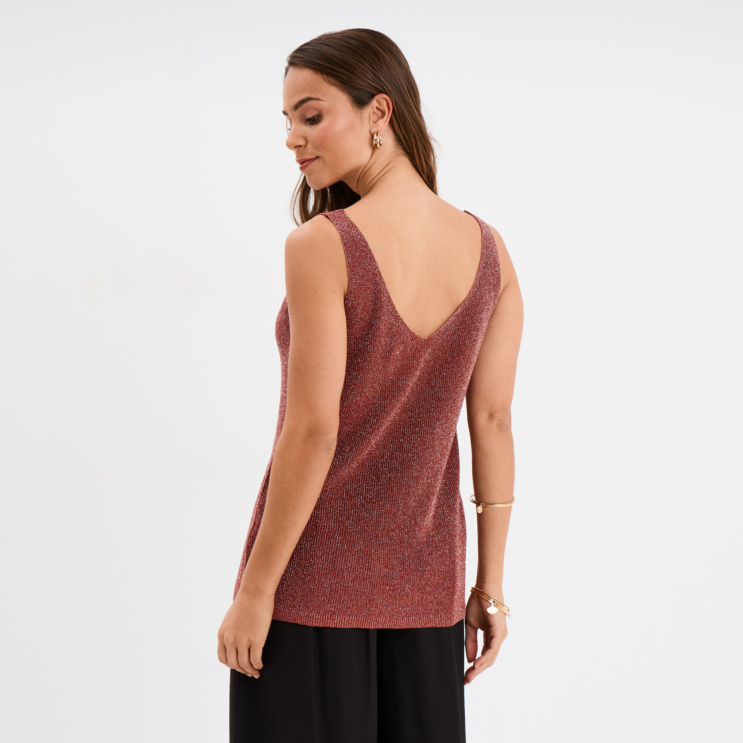debardeur maille col en v marron cognac femme Débardeur maille col en V marron cognac femme